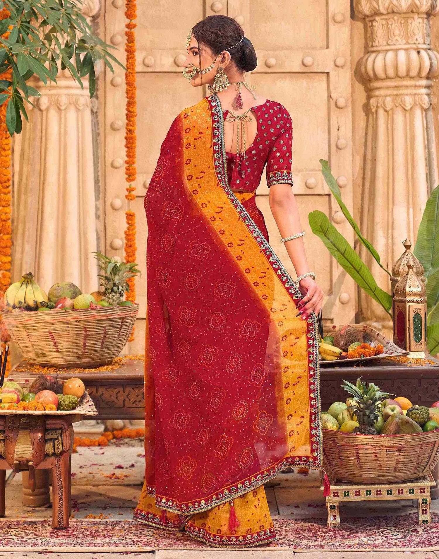 Red Georgette Printed Bandhani Saree
