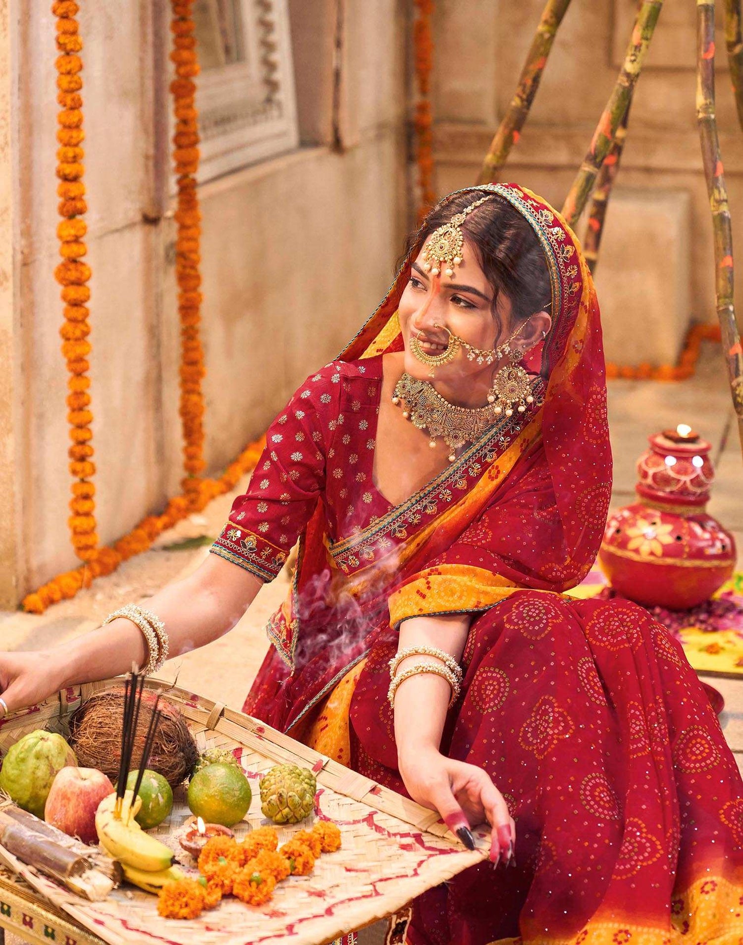 Red Georgette Printed Bandhani Saree