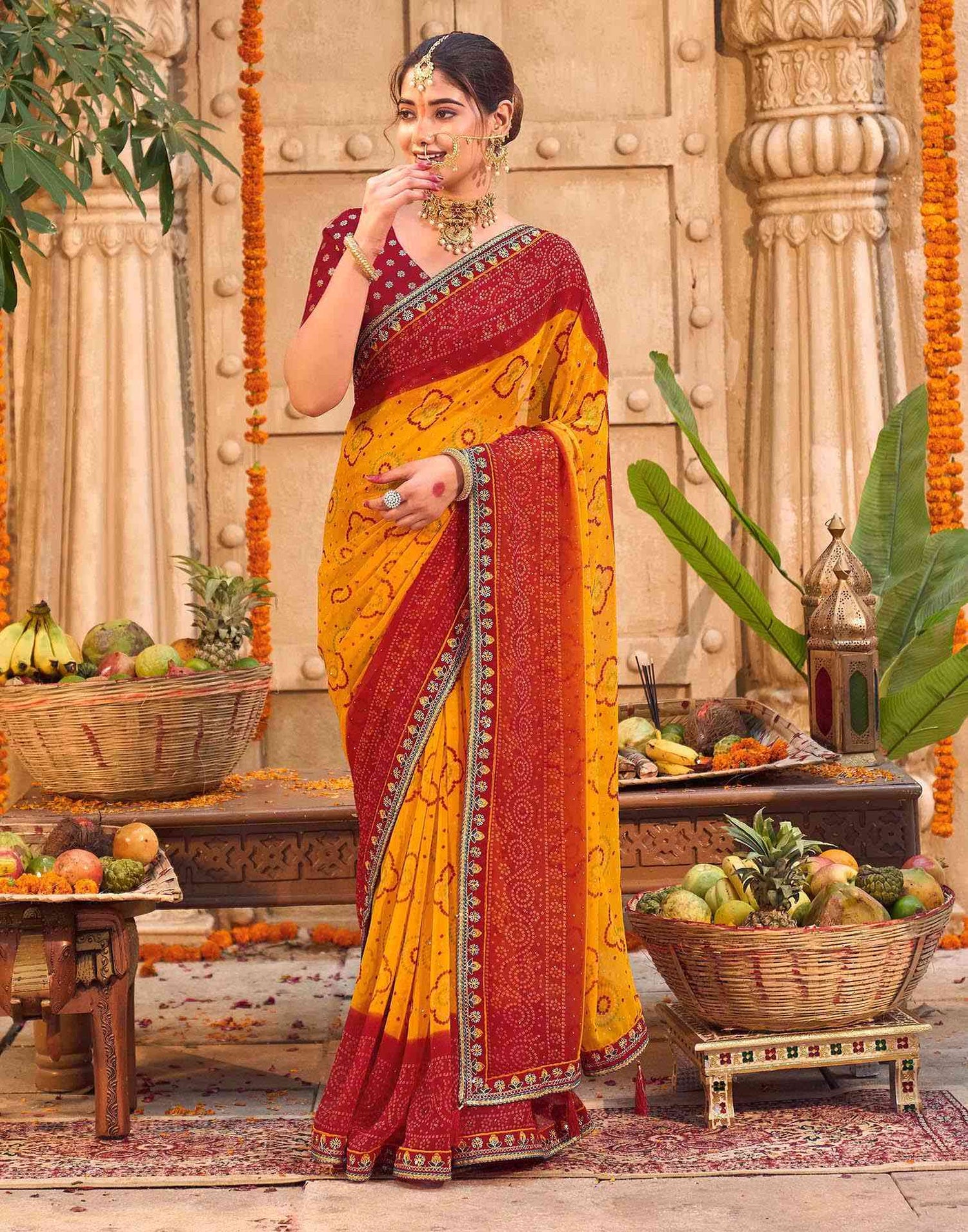 Yellow Georgette Printed Bandhani Saree