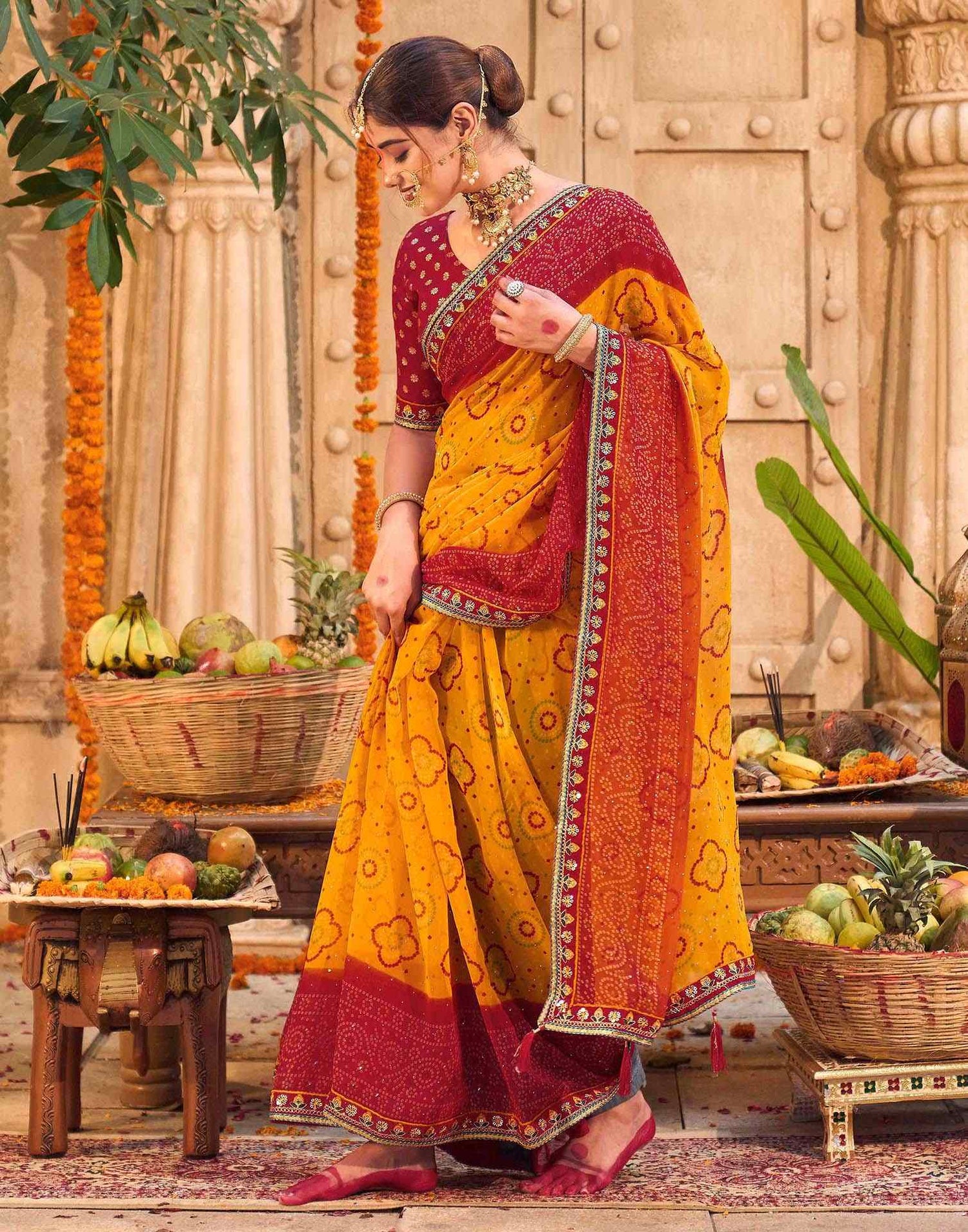 Yellow Georgette Printed Bandhani Saree