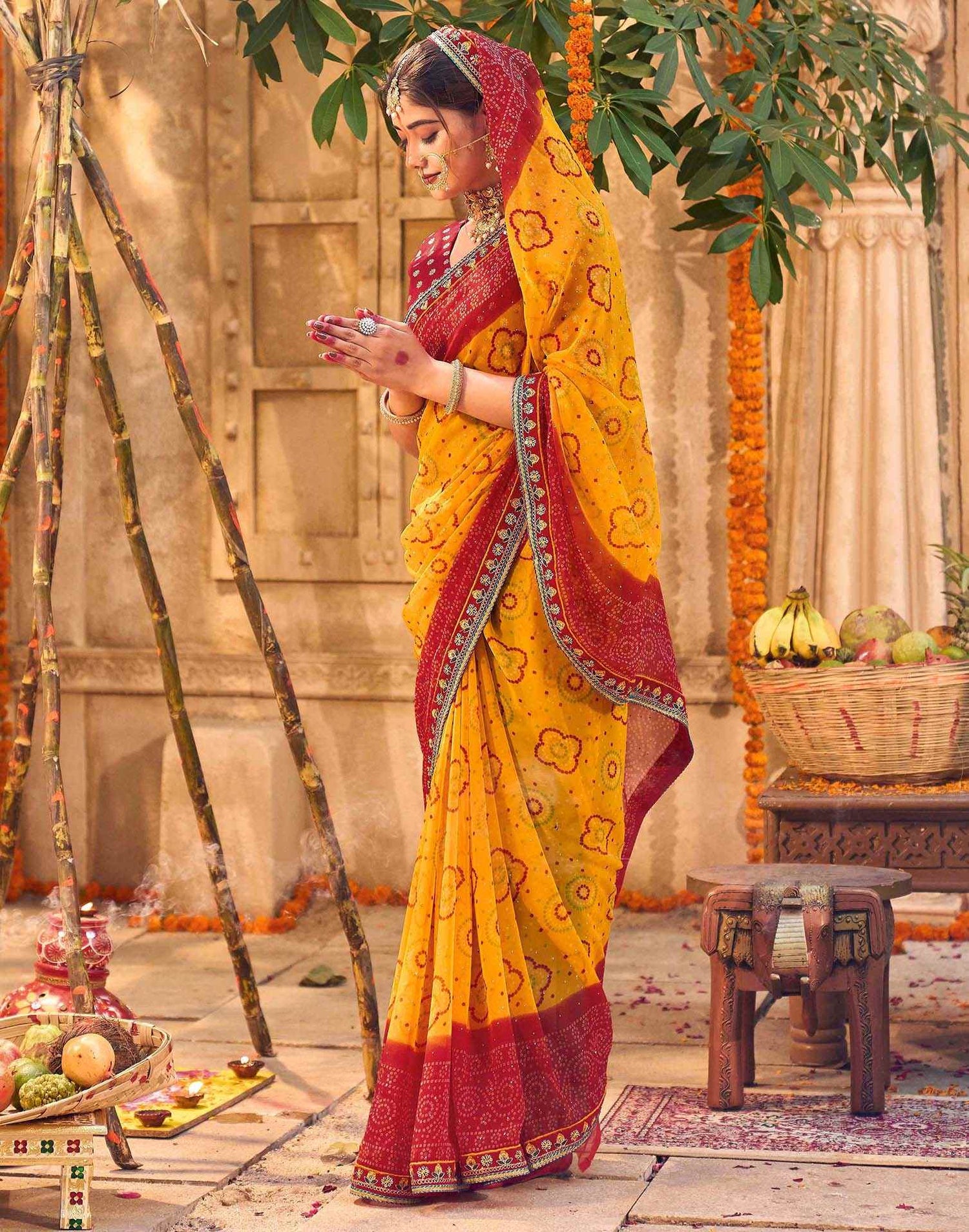 Yellow Georgette Printed Bandhani Saree