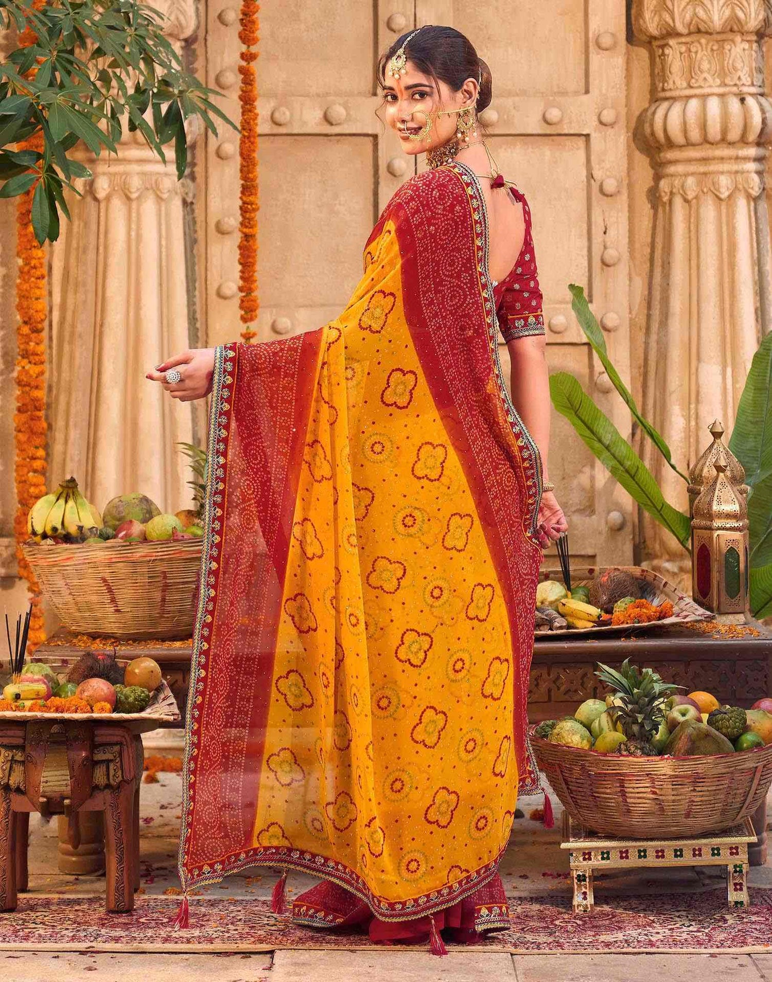 Yellow Georgette Printed Bandhani Saree