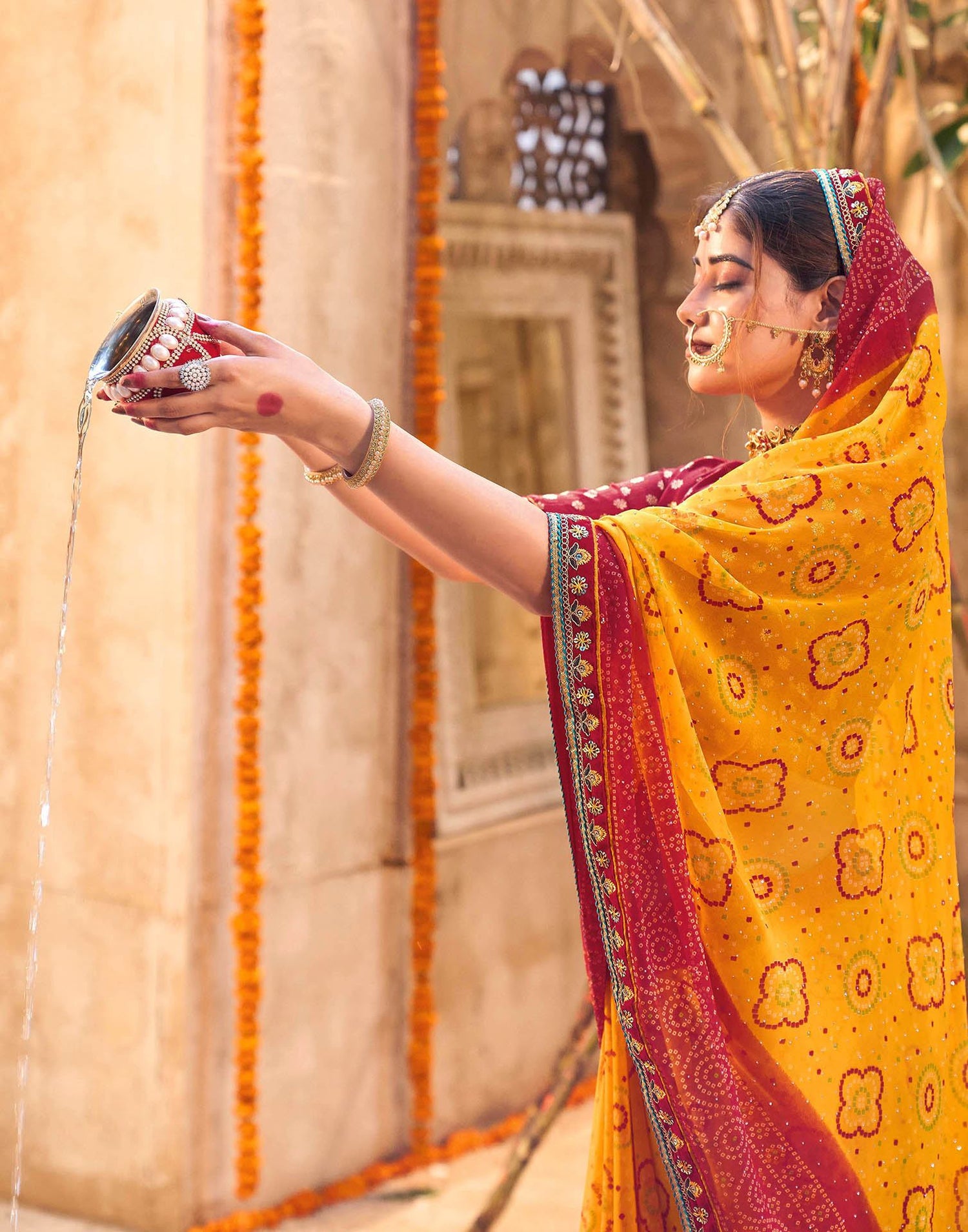 Yellow Georgette Printed Bandhani Saree