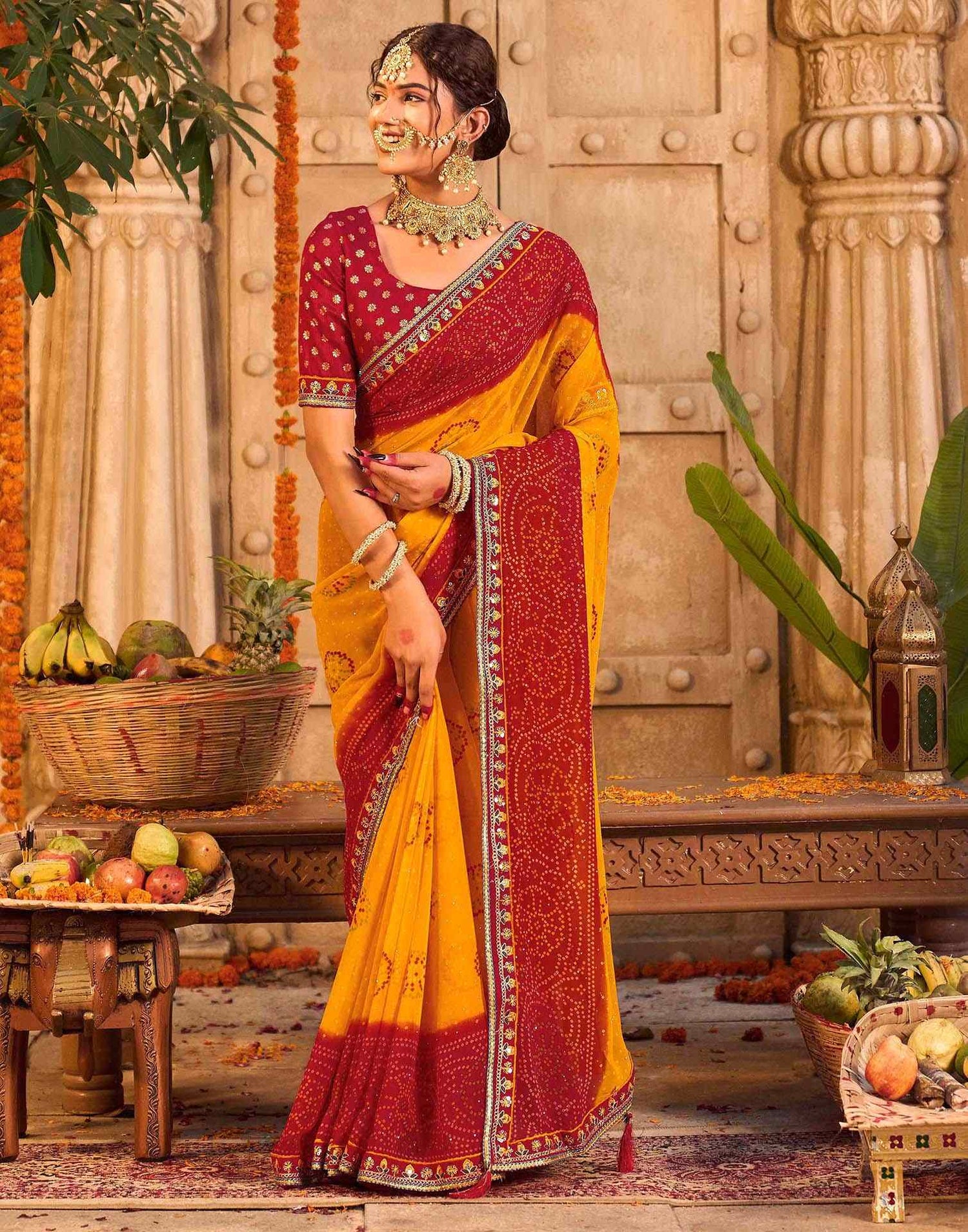 Yellow Georgette Printed Bandhani Saree