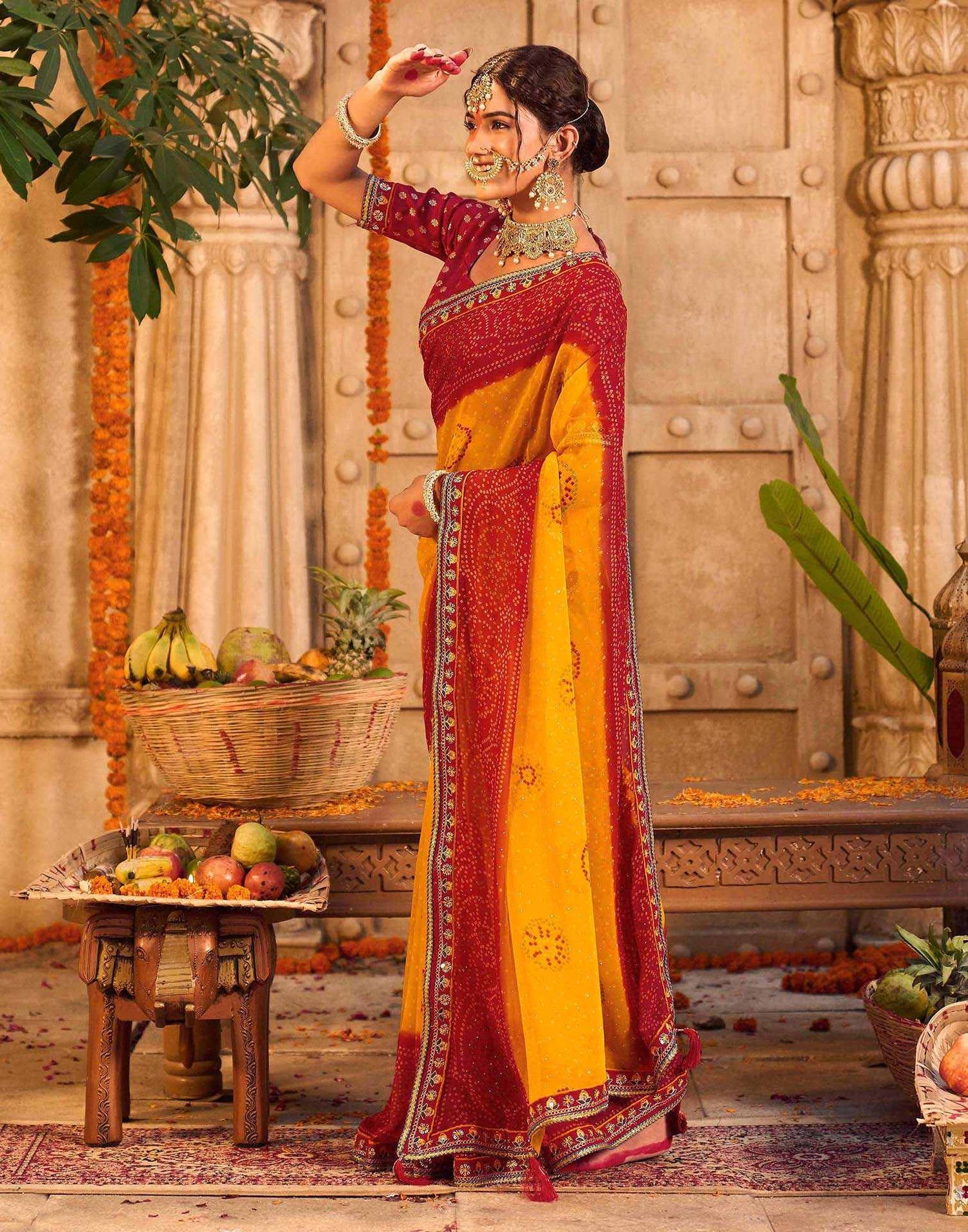 Yellow Georgette Printed Bandhani Saree