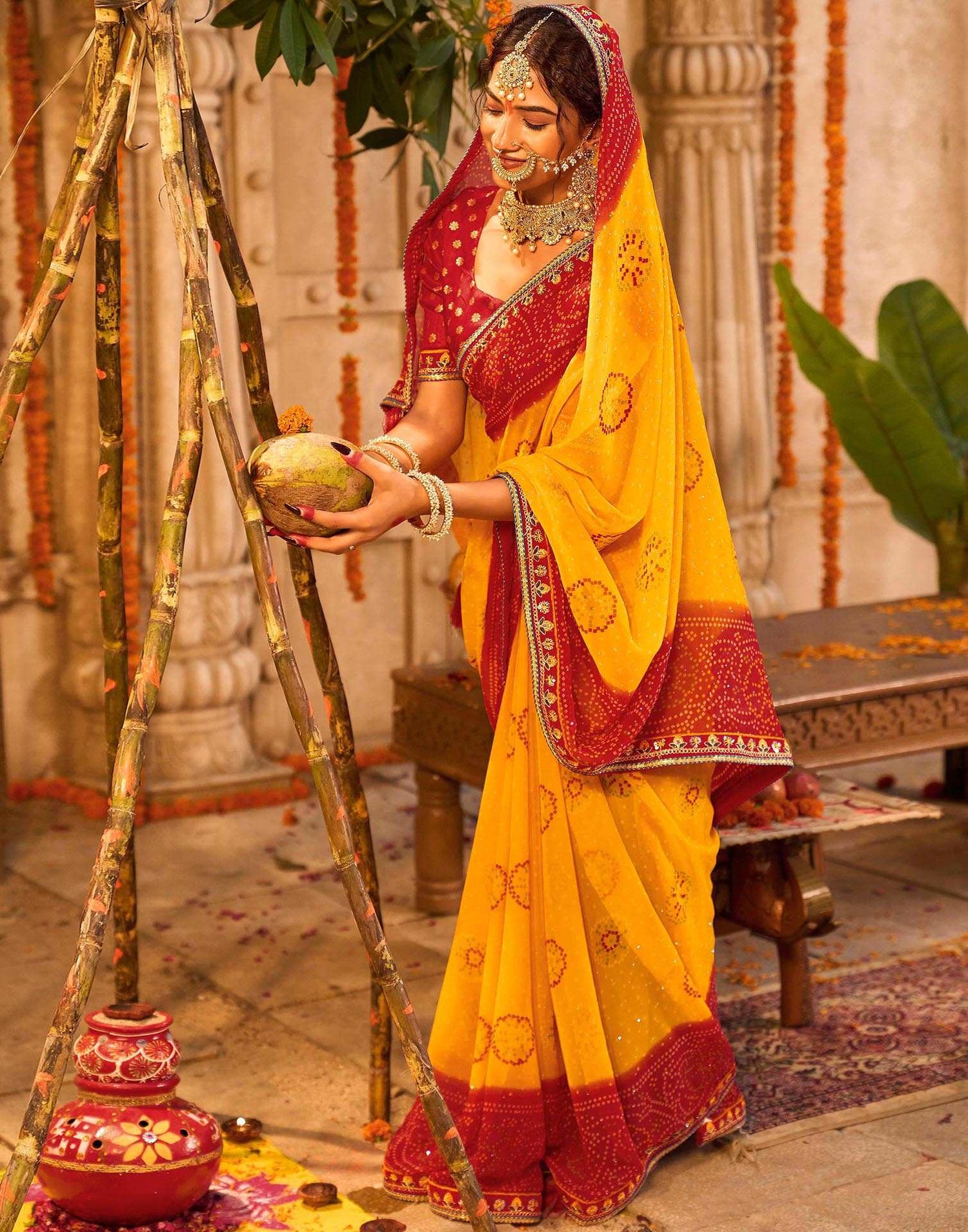 Yellow Georgette Printed Bandhani Saree