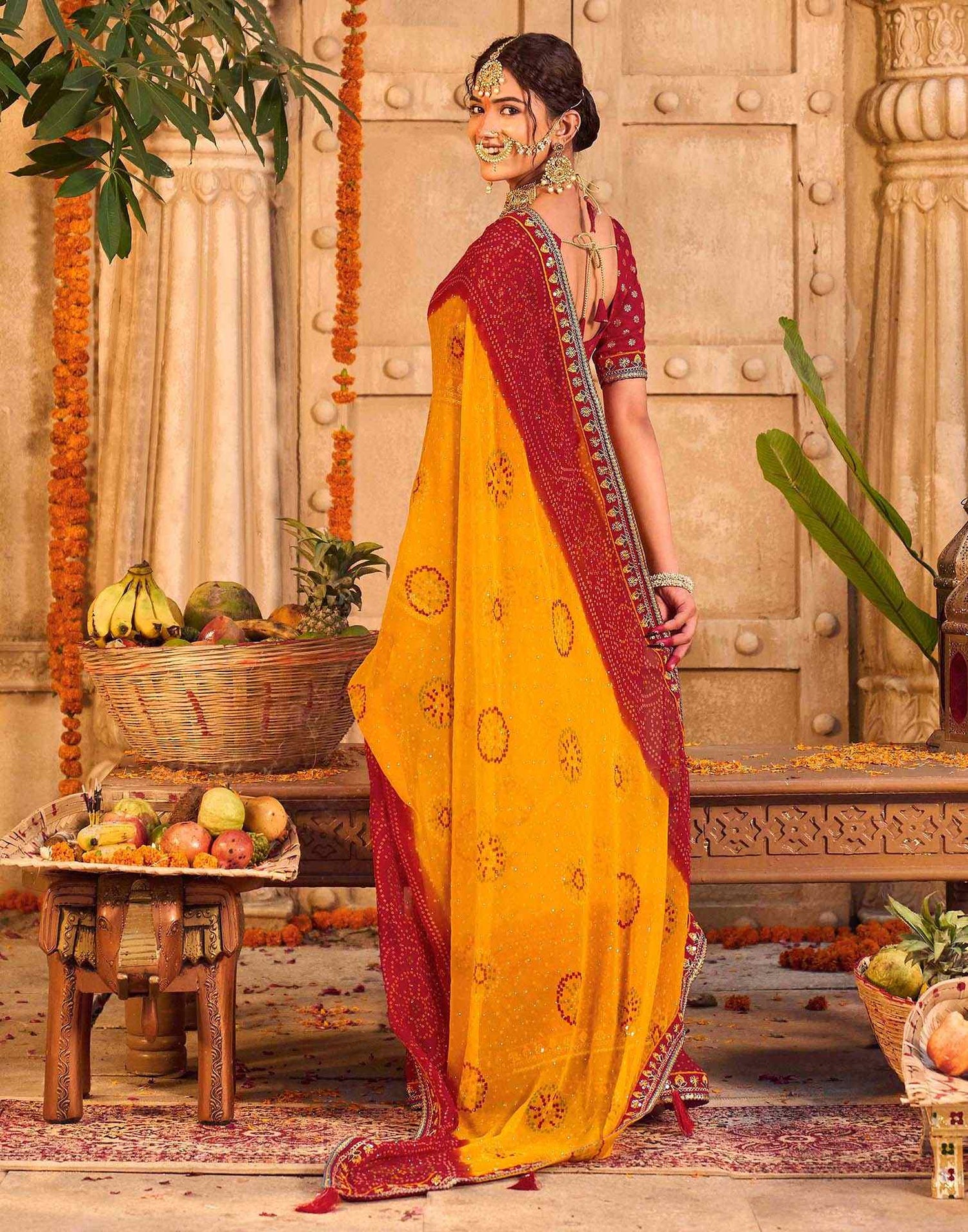 Yellow Georgette Printed Bandhani Saree