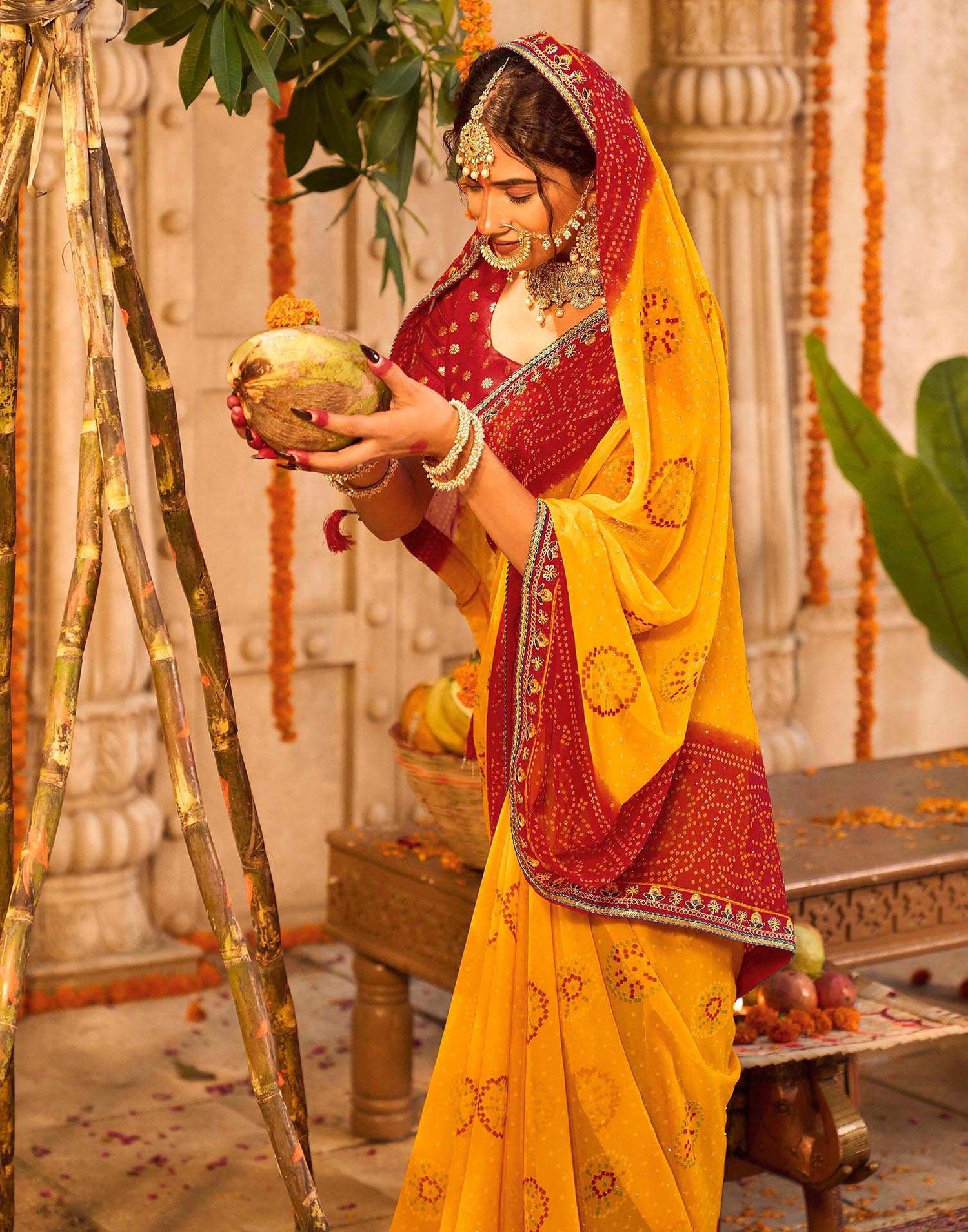 Yellow Georgette Printed Bandhani Saree