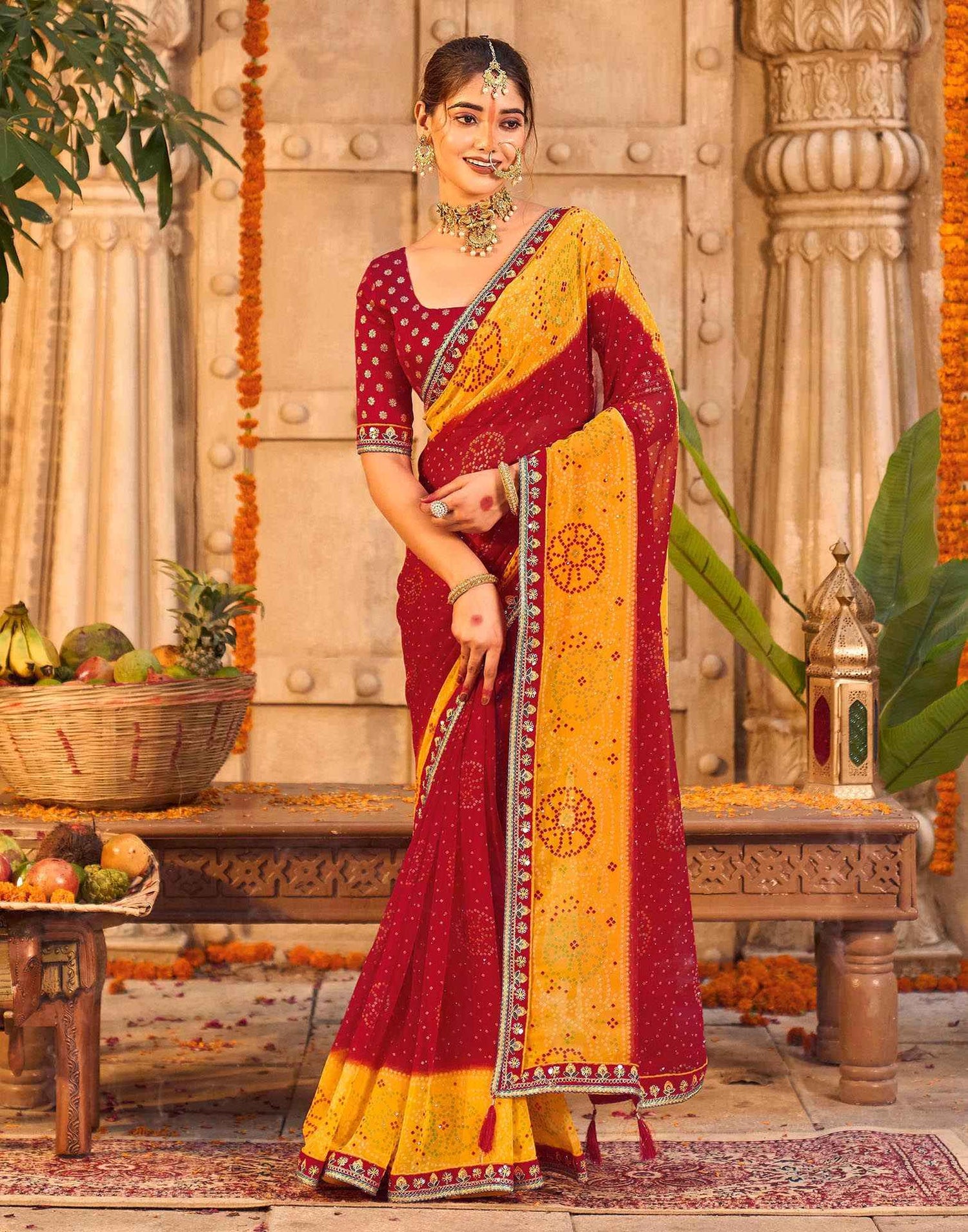 Red Georgette Printed Bandhani Saree