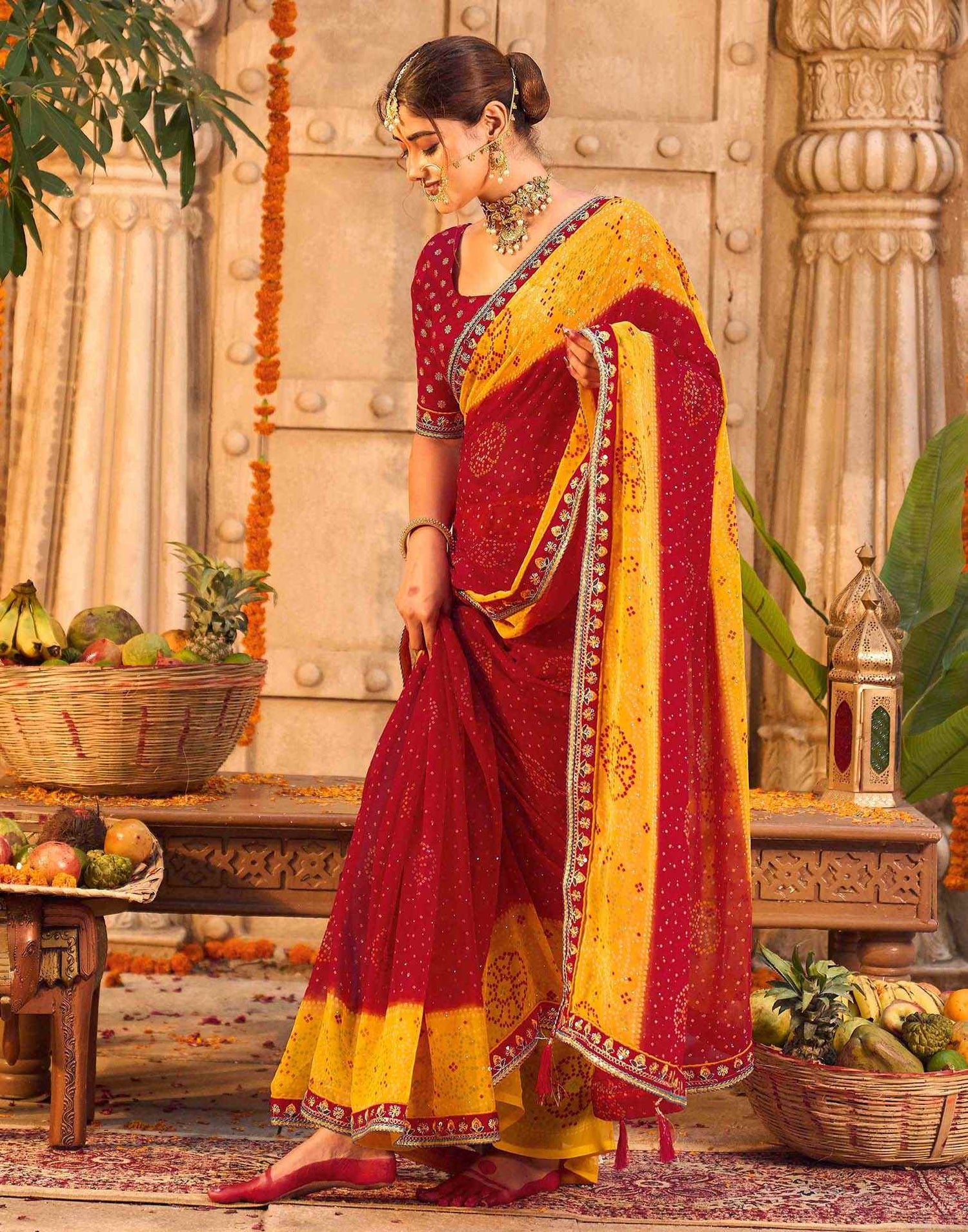 Red Georgette Printed Bandhani Saree