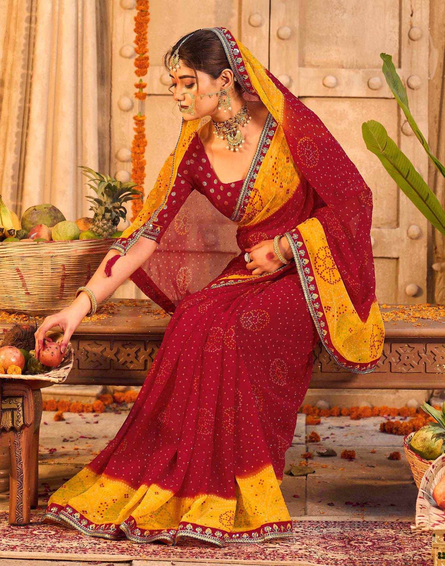 Red Georgette Printed Bandhani Saree