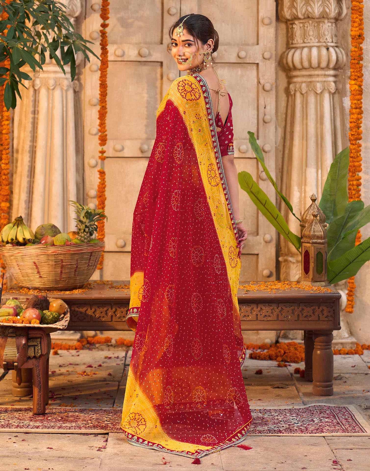 Red Georgette Printed Bandhani Saree