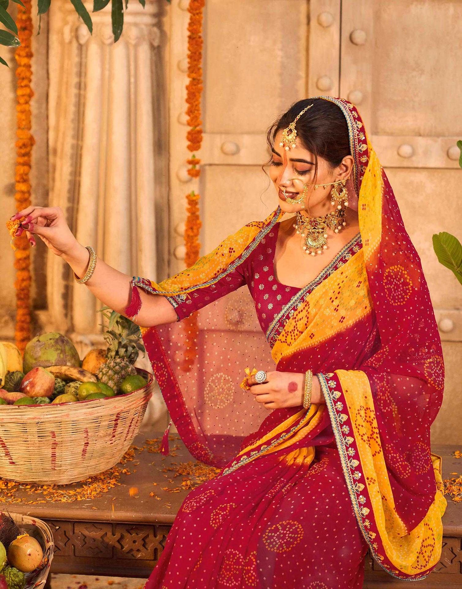 Red Georgette Printed Bandhani Saree