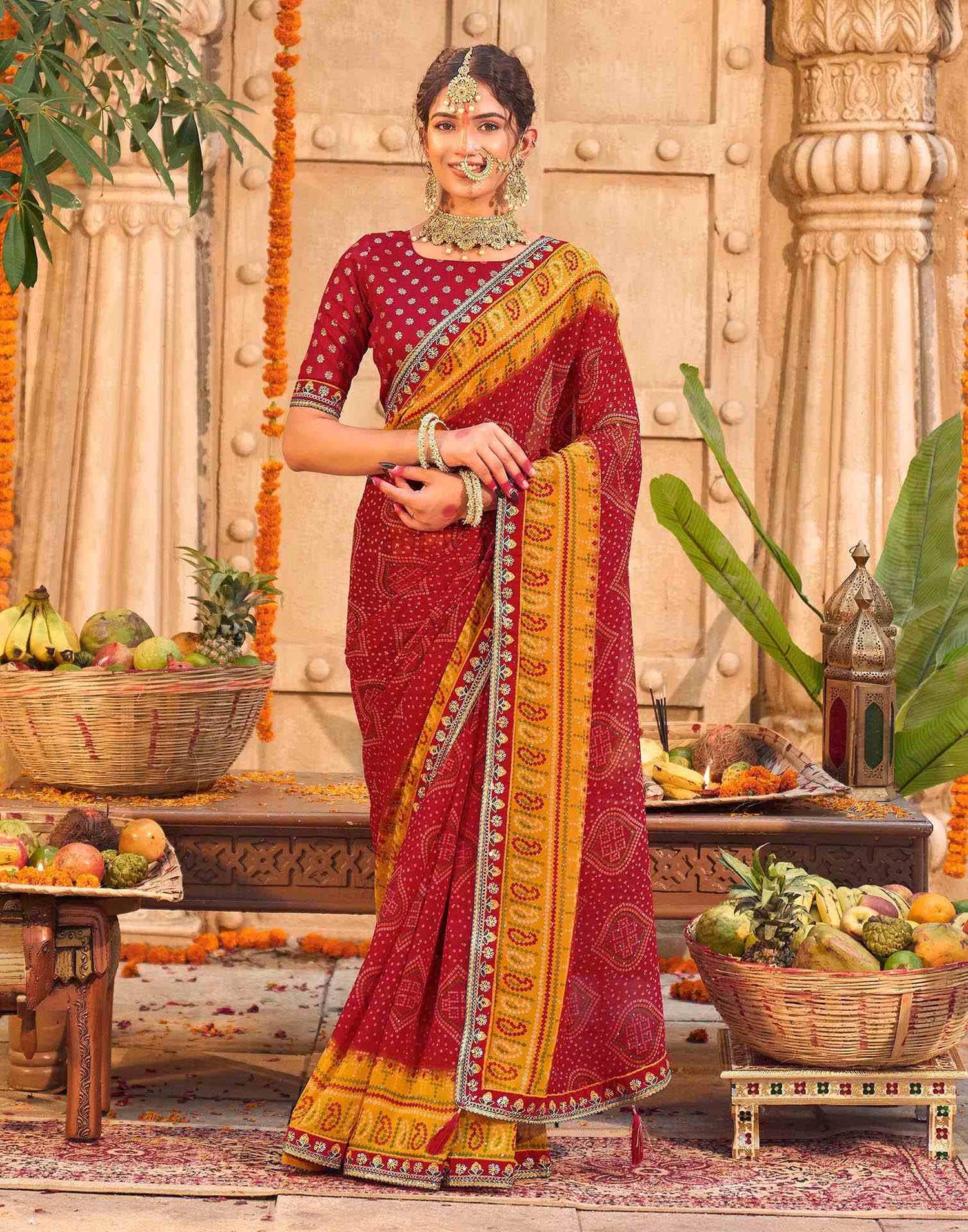Red Georgette Printed Bandhani Saree