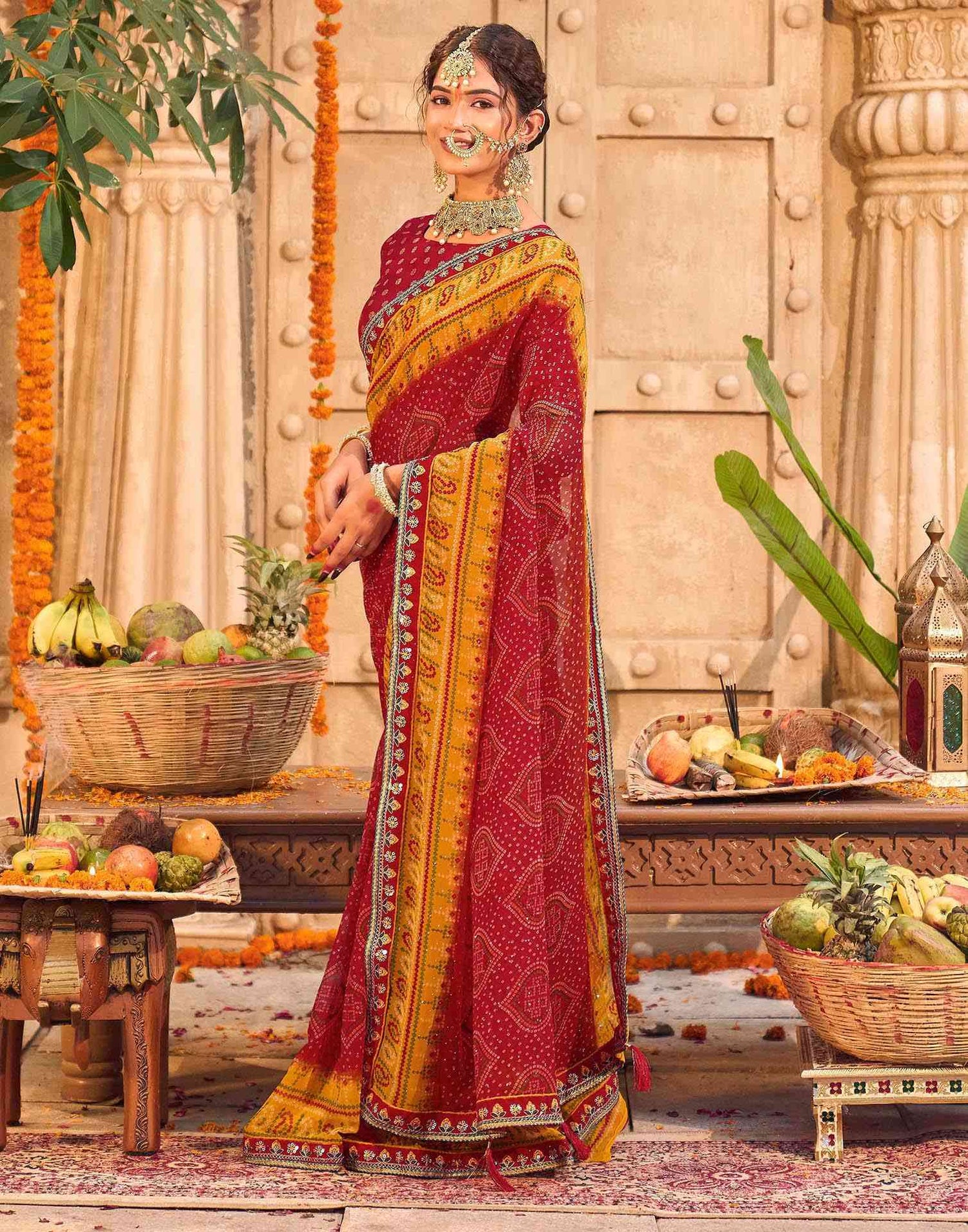 Red Georgette Printed Bandhani Saree