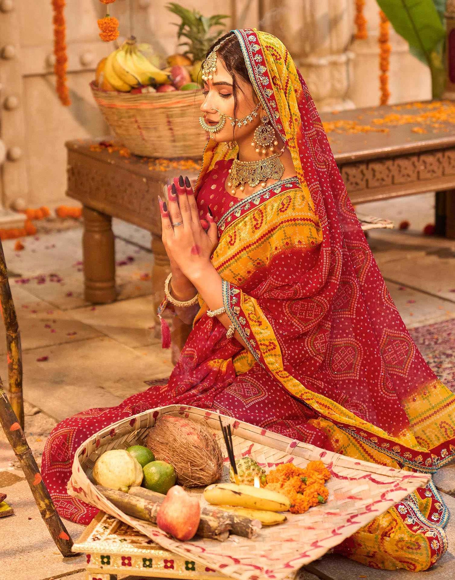 Red Georgette Printed Bandhani Saree