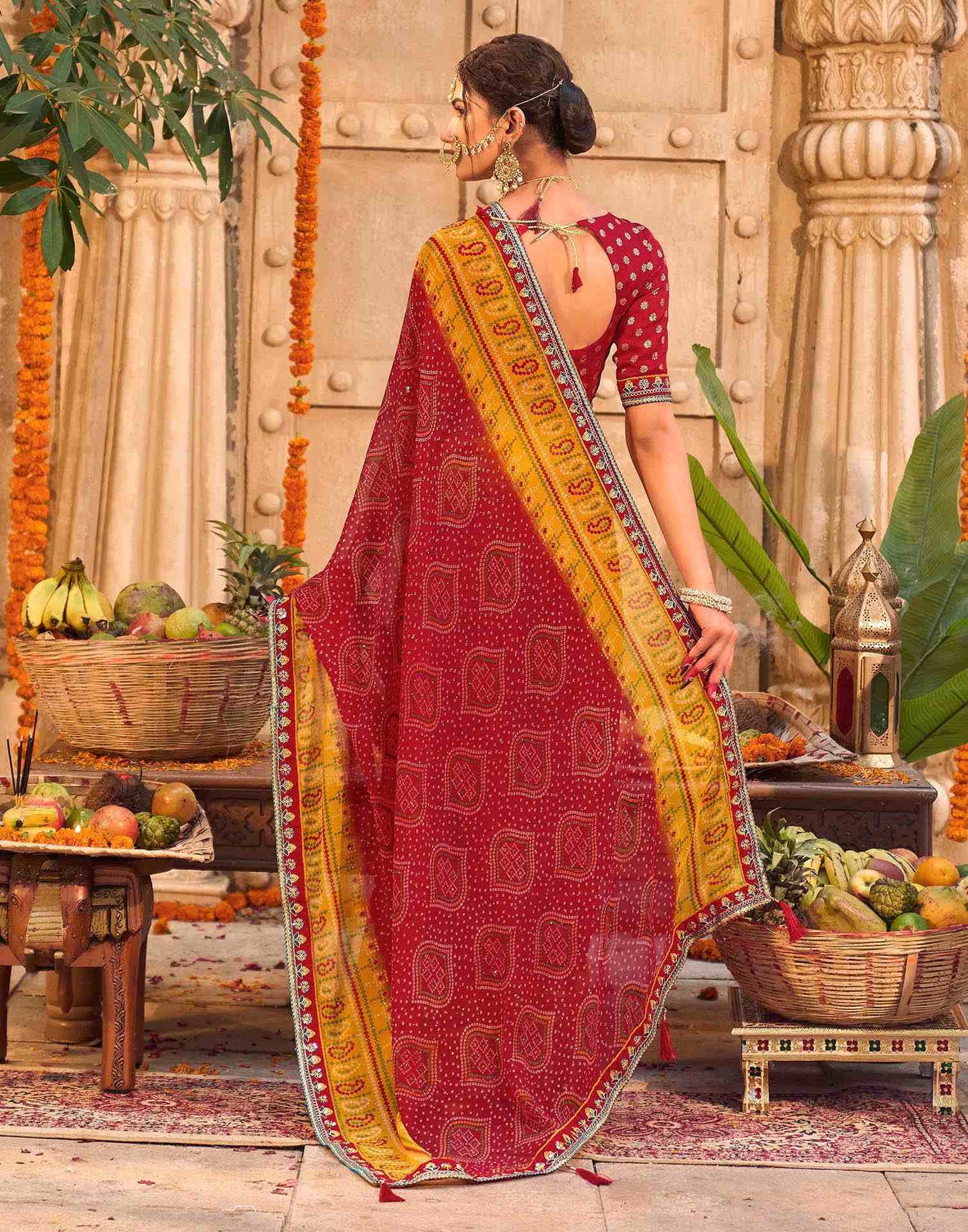 Red Georgette Printed Bandhani Saree