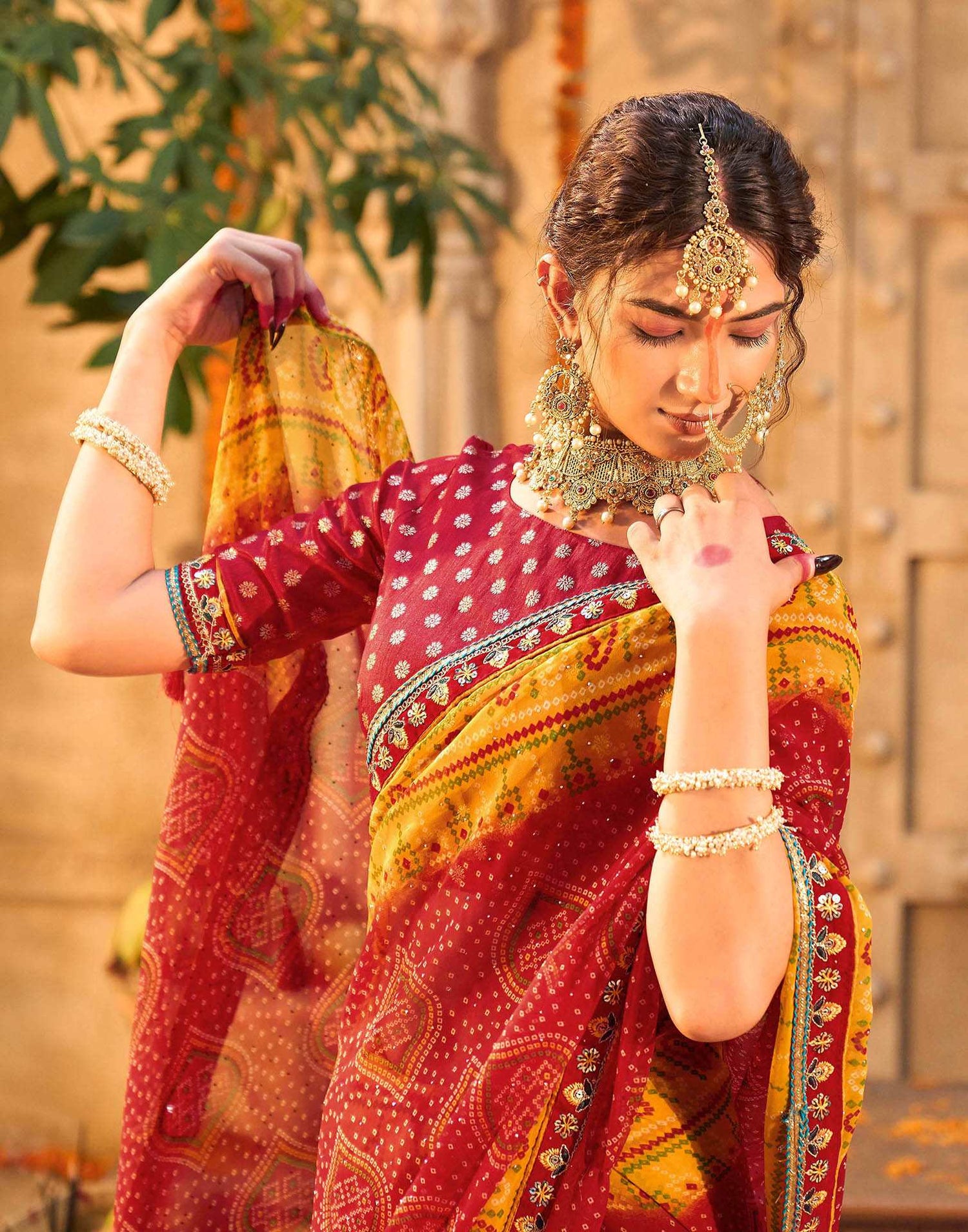 Red Georgette Printed Bandhani Saree