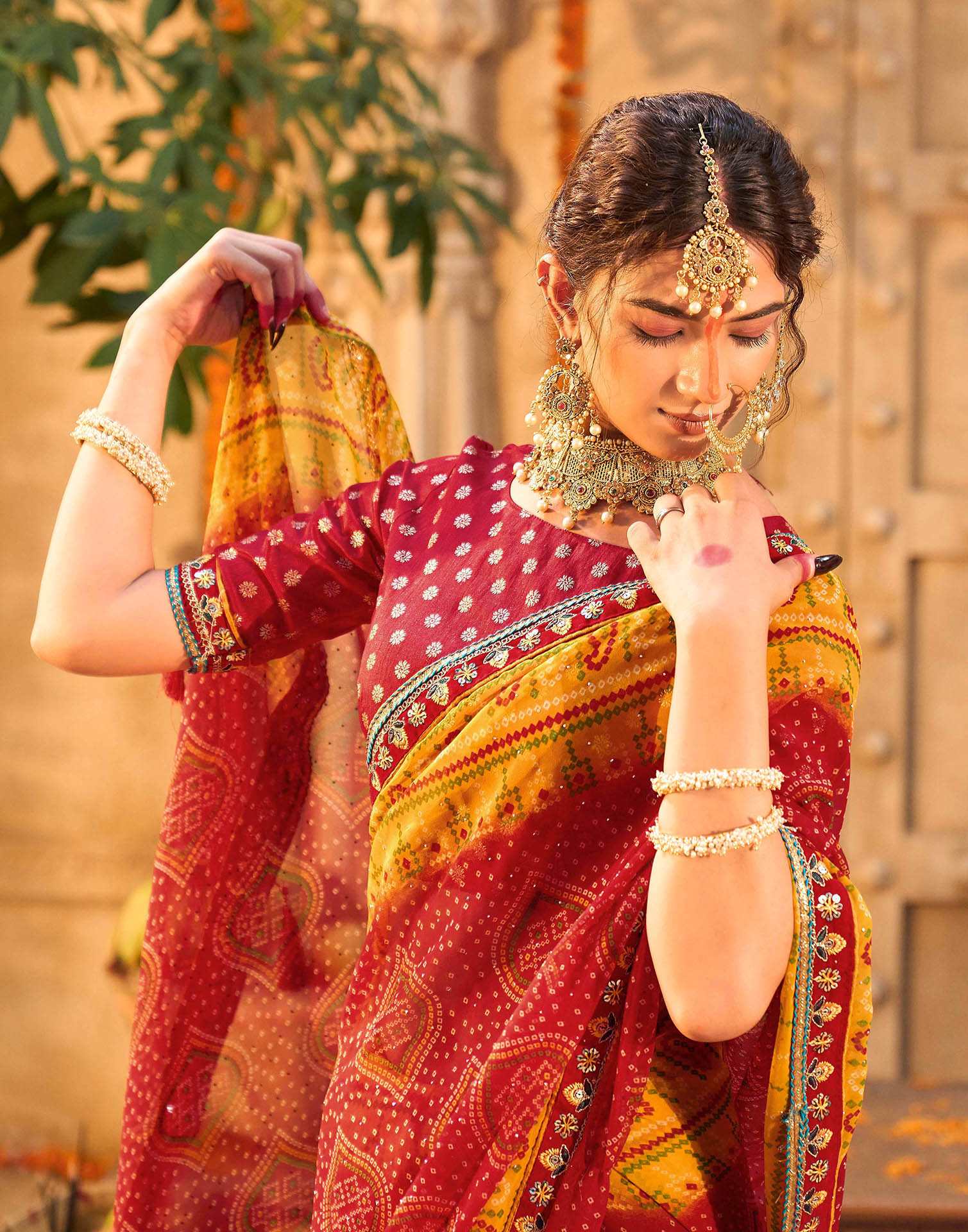 Red Georgette Printed Bandhani Saree