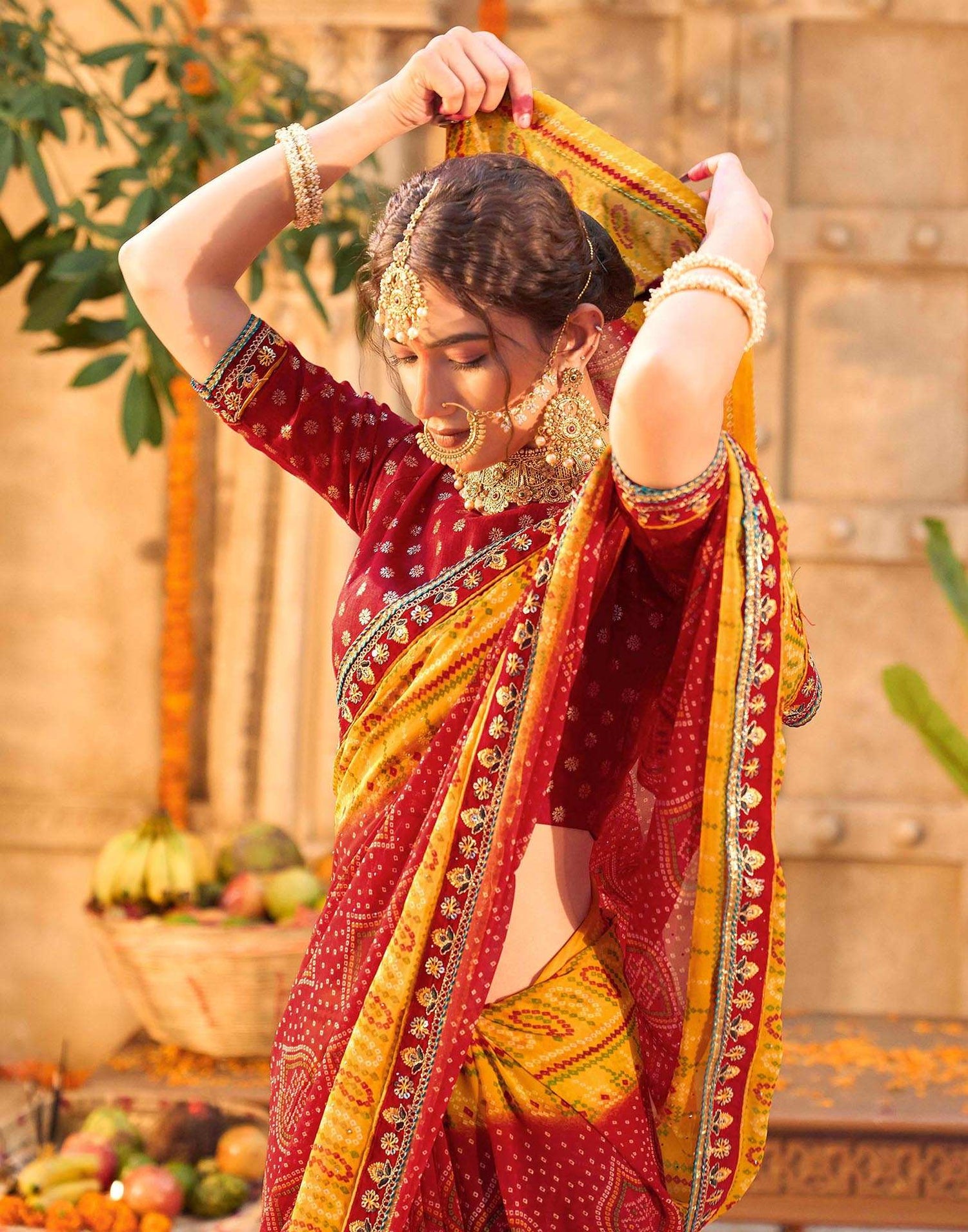 Red Georgette Printed Bandhani Saree