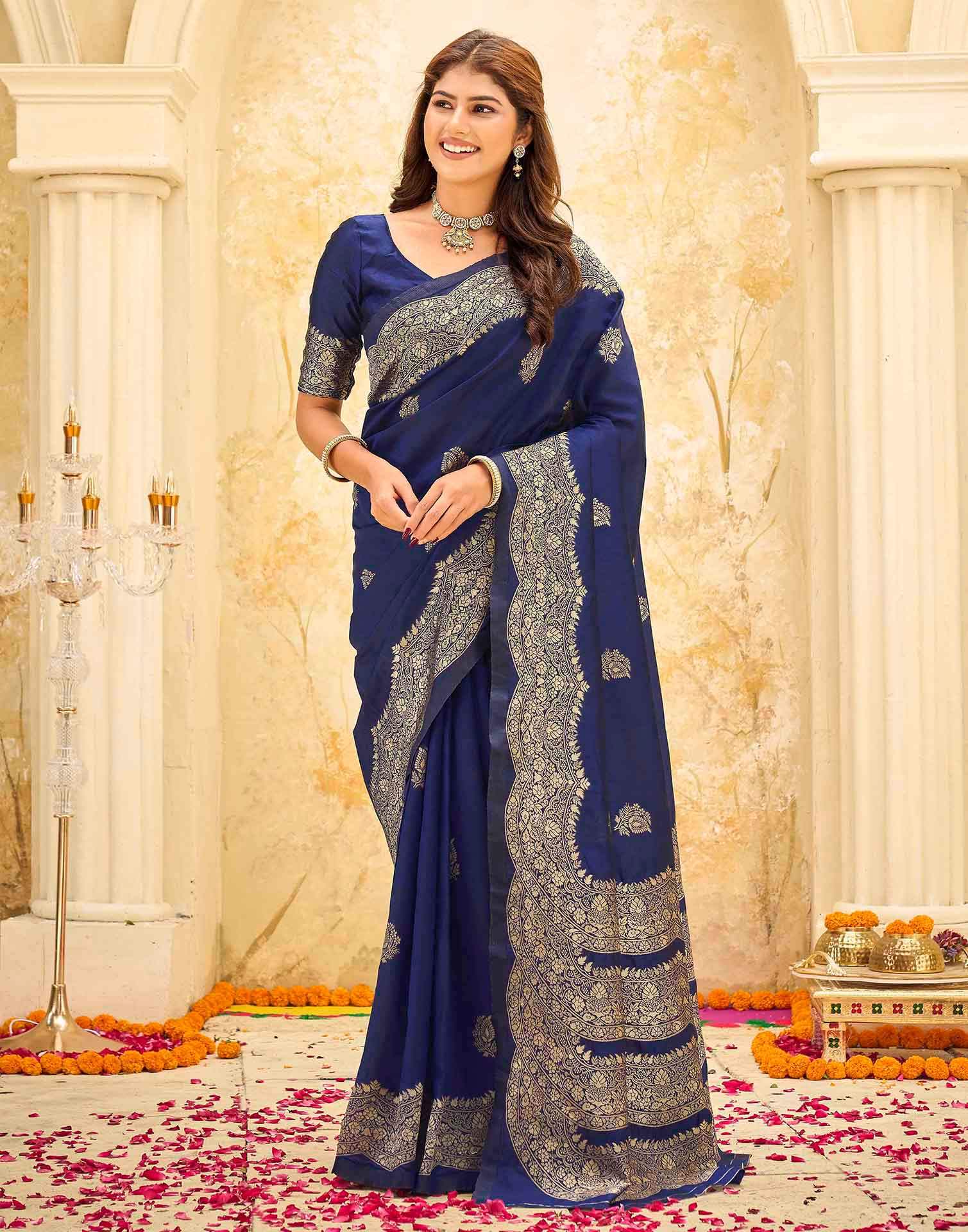 Navy Blue Silk Woven Saree