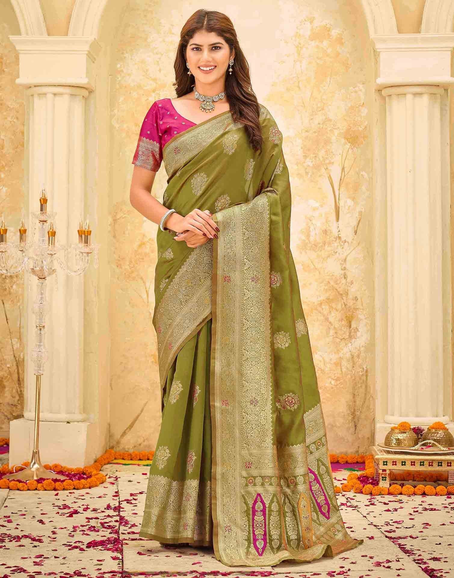 Moss Green Silk Woven Banarasi Saree