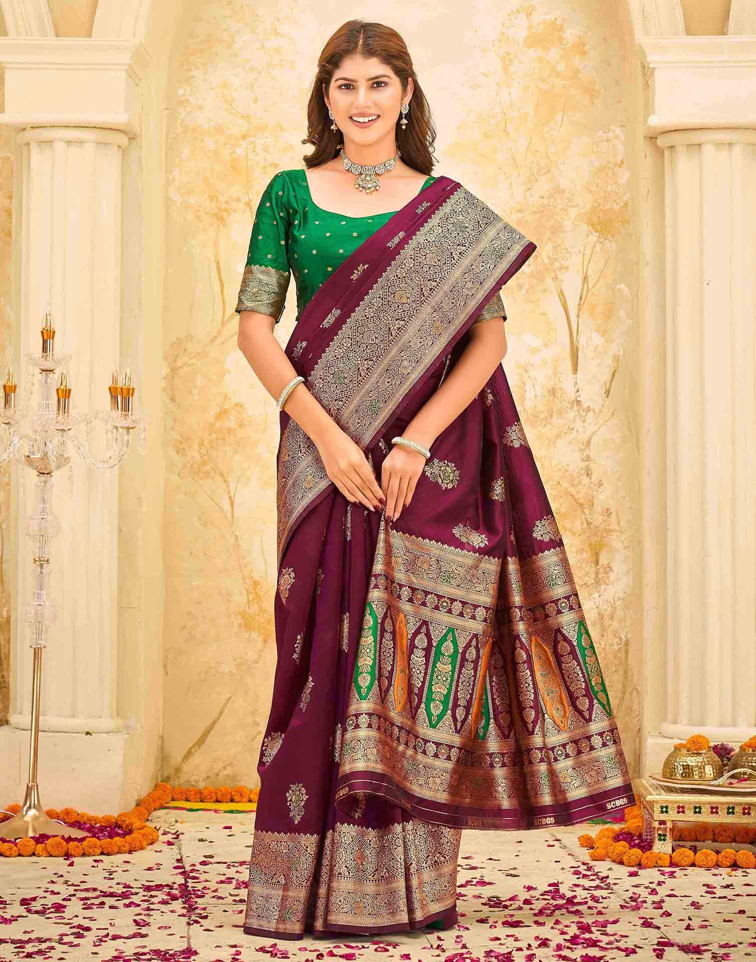 Maroon Silk Woven Banarasi Saree