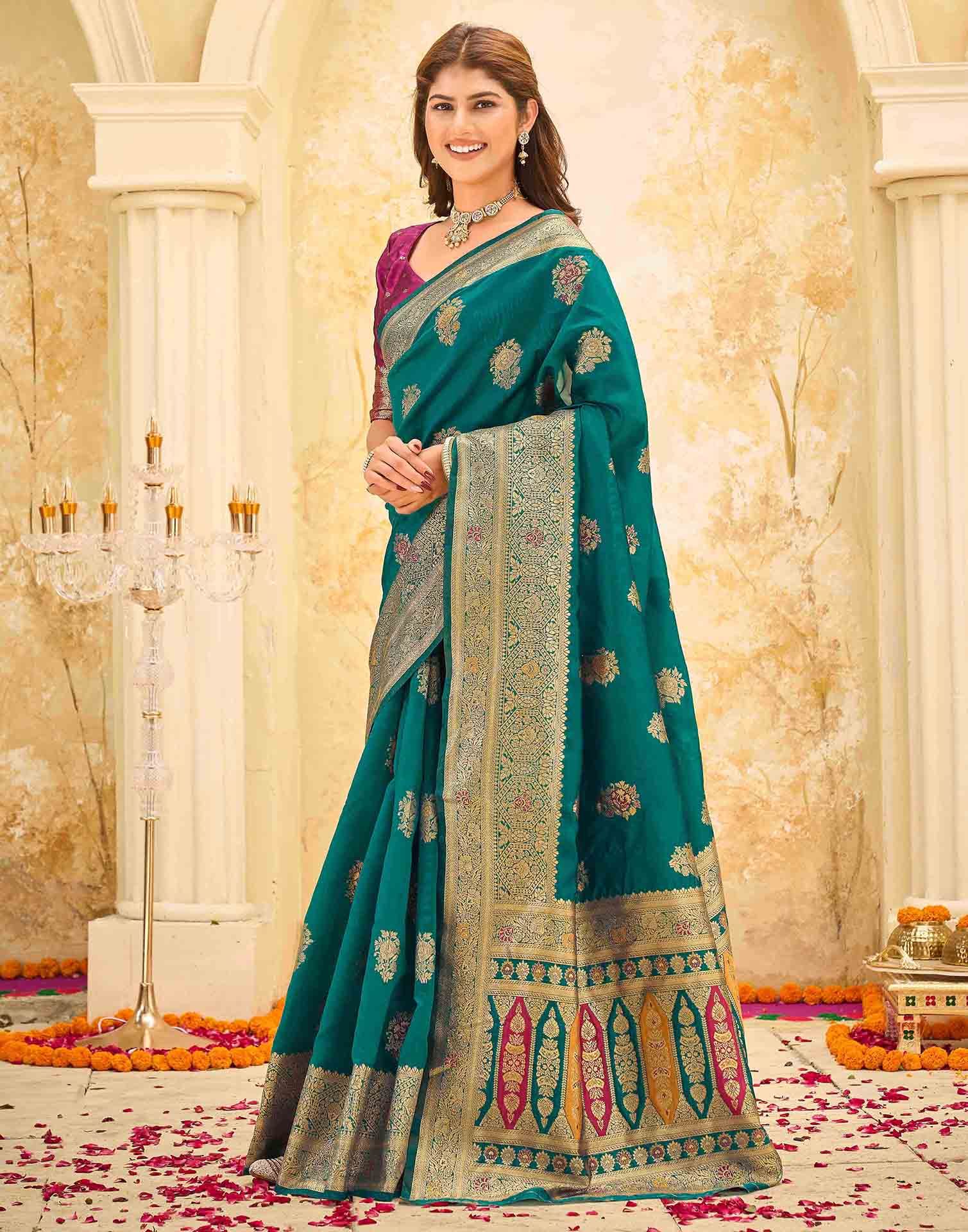 Teal Green Silk Woven Banarasi Saree