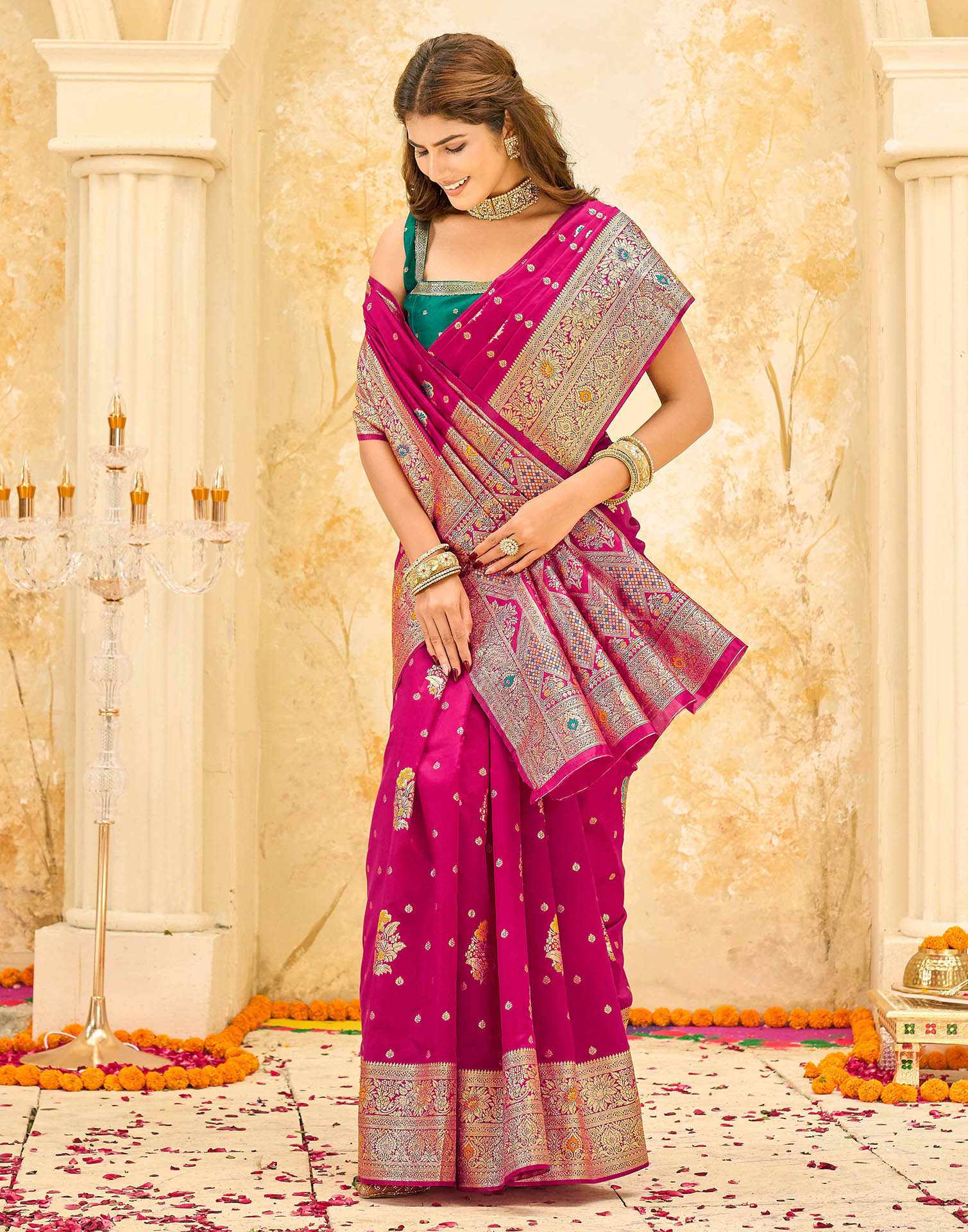 Pink Silk Woven Banarasi Saree