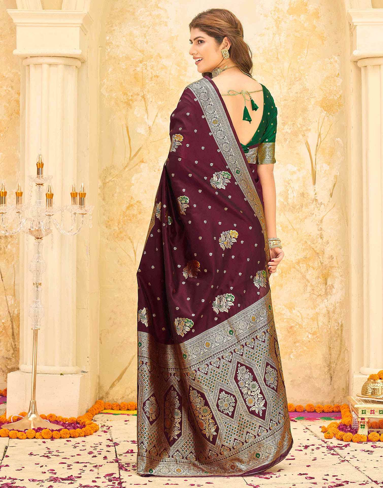 Maroon Silk Woven Banarasi Saree