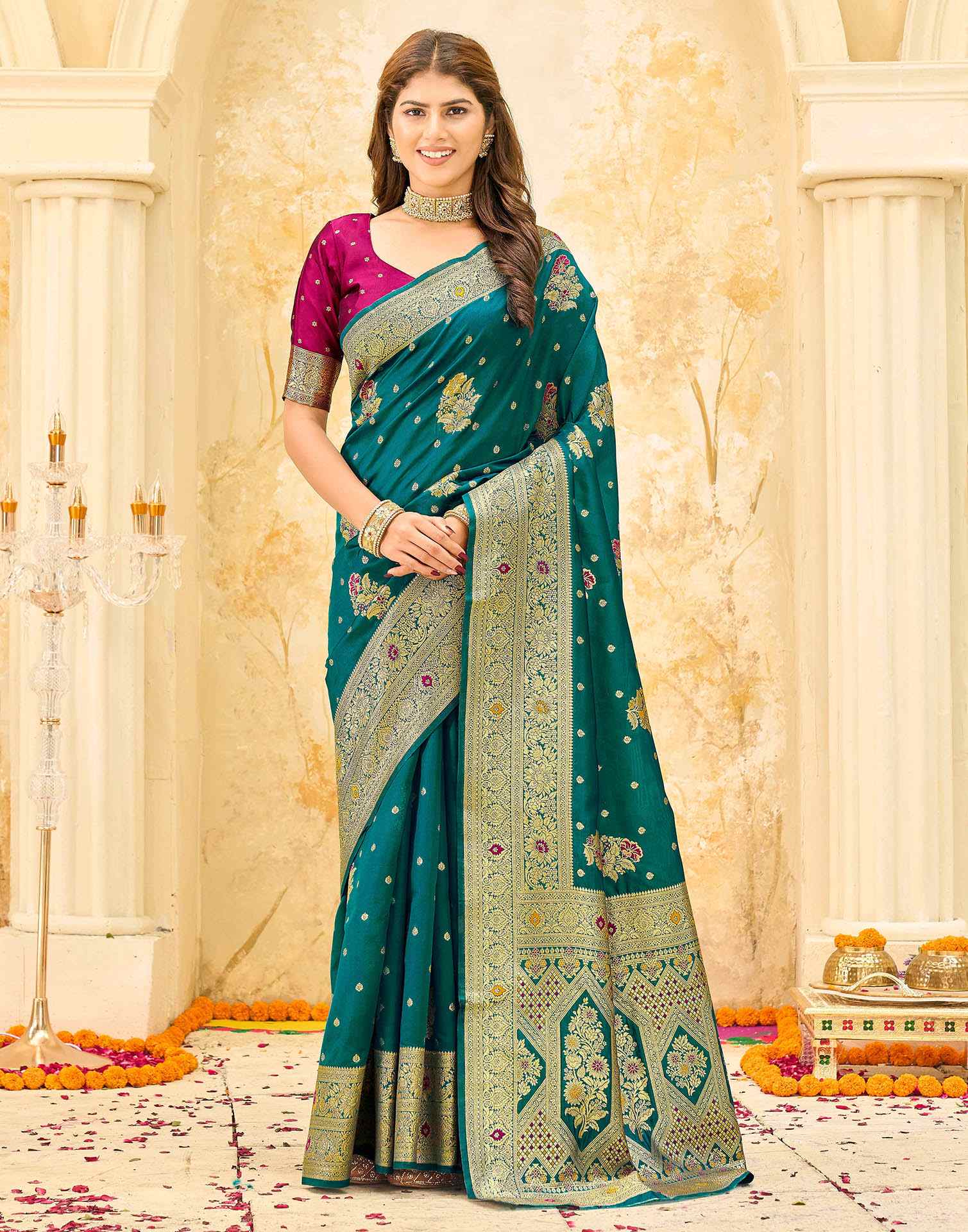 Teal Green Silk Woven Banarasi Saree