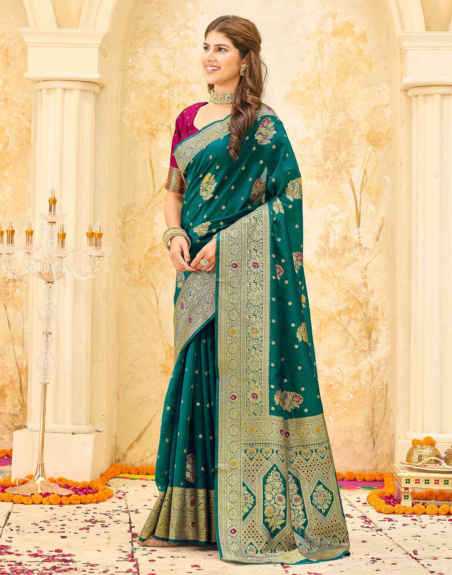 Teal Green Silk Woven Banarasi Saree
