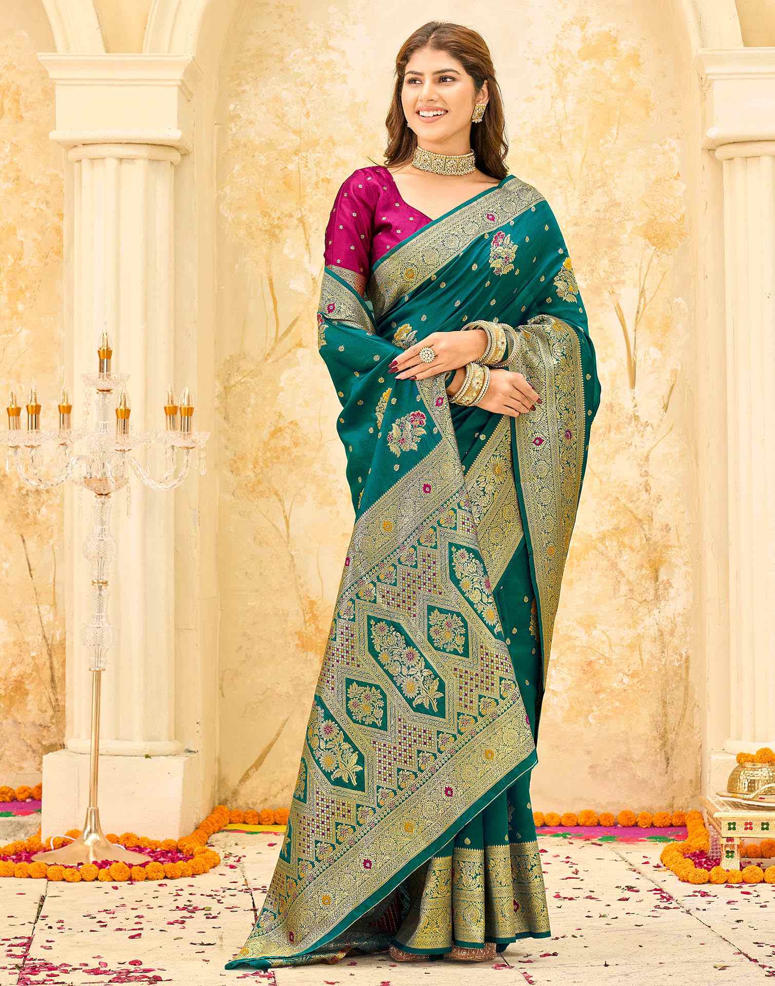 Teal Green Silk Woven Banarasi Saree