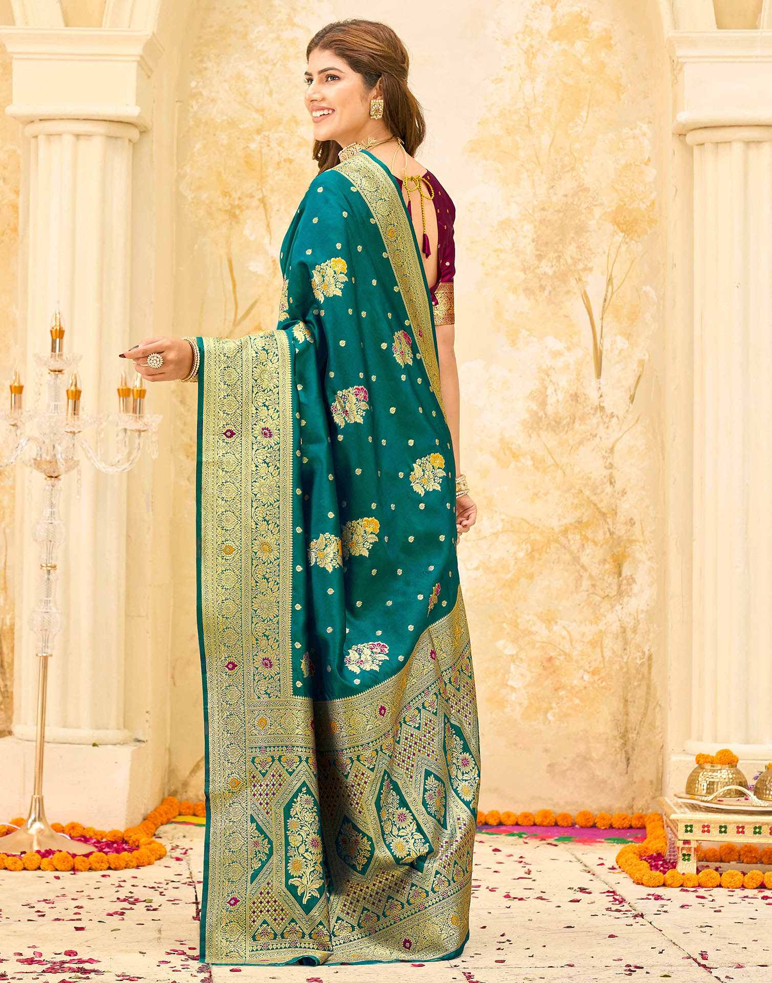 Teal Green Silk Woven Banarasi Saree