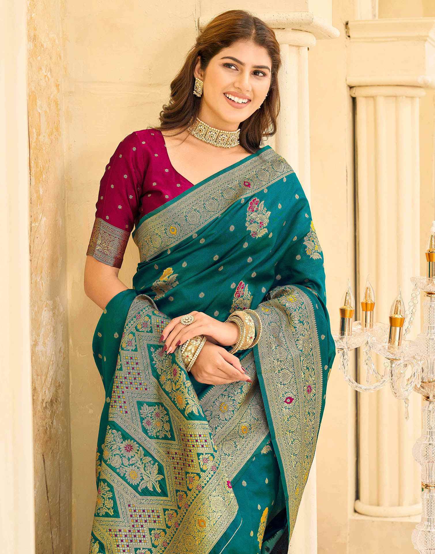 Teal Green Silk Woven Banarasi Saree