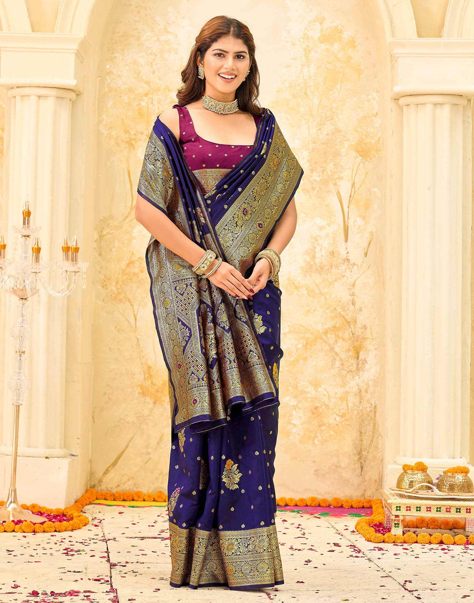 Navy Blue Silk Woven Banarasi Saree
