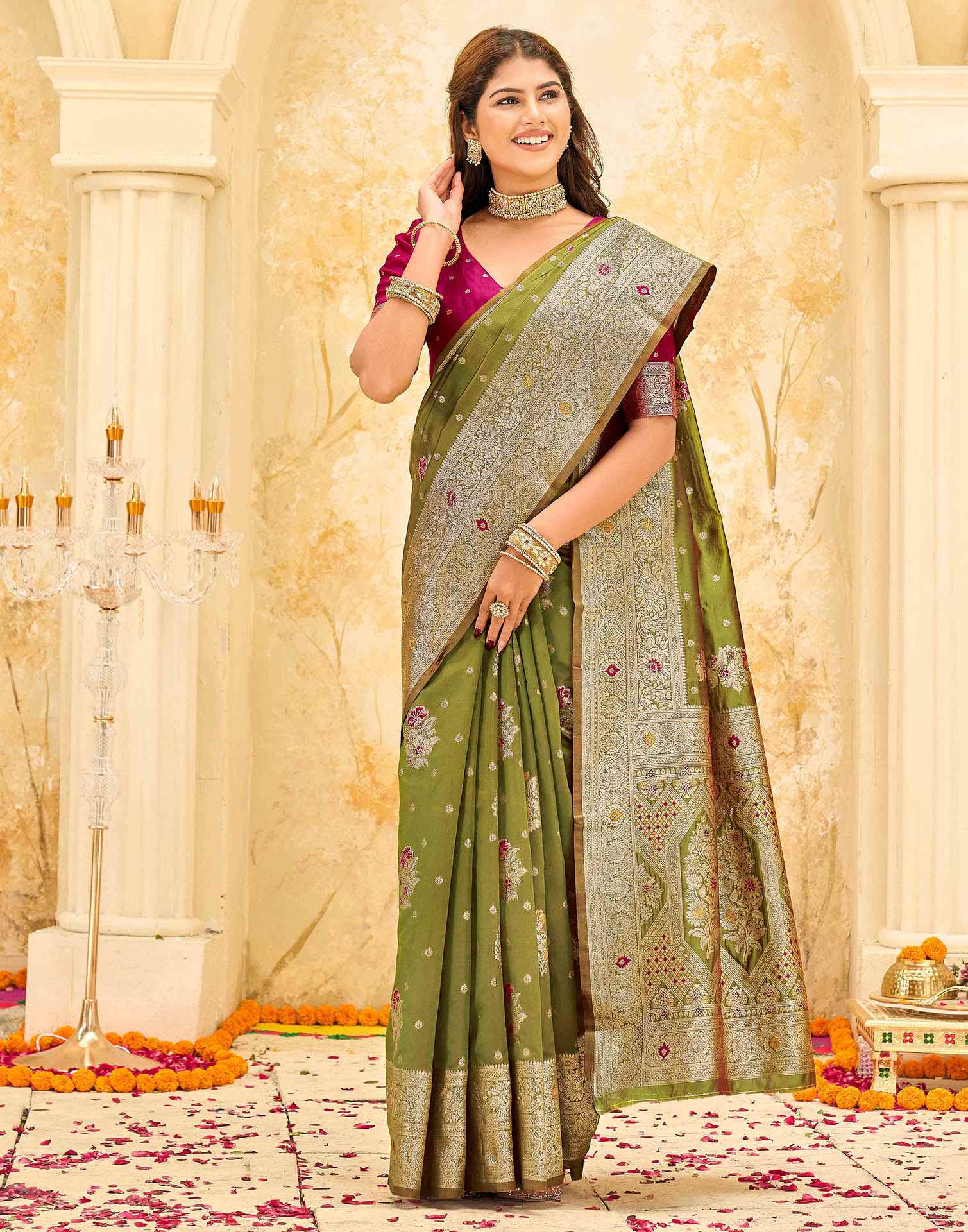 Mehndi Green Silk Woven Banarasi Saree