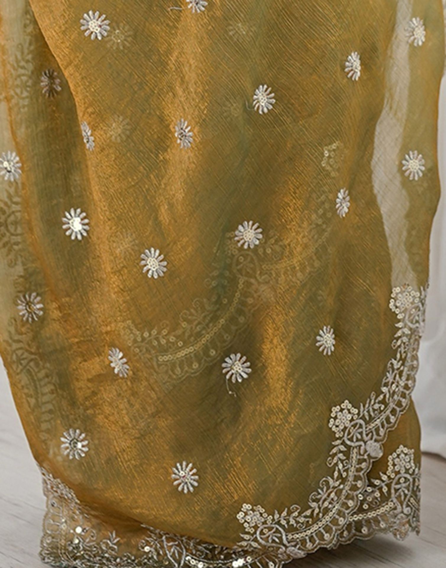 Khaki Shimmer Sequence Embroidery Saree