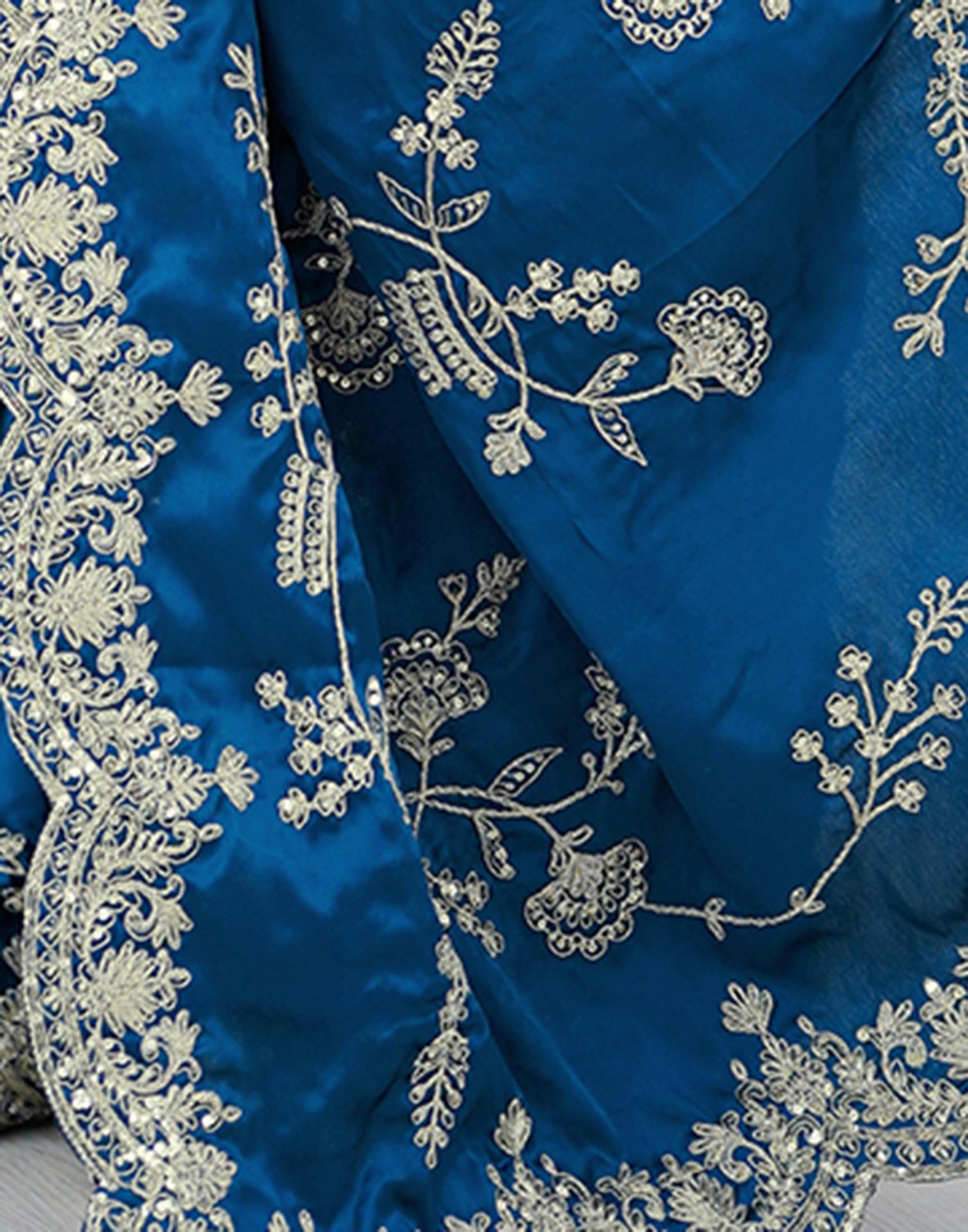 Teal Blue Satin Sequence Embroidery Saree