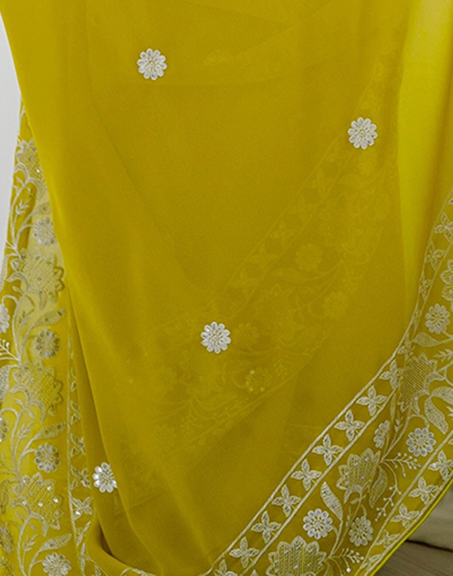 Lime Yellow Georgette Embroidery Saree