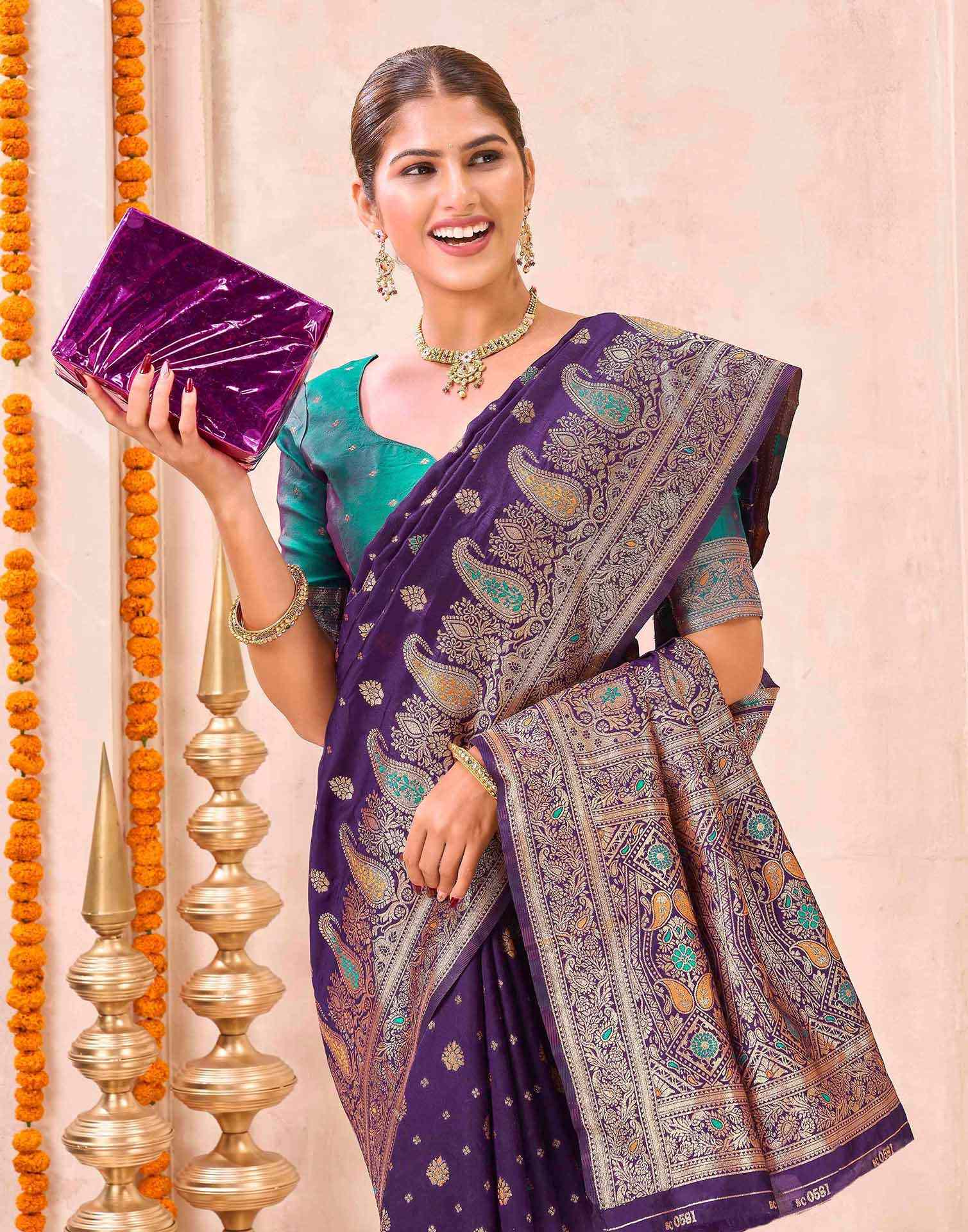 Dark Purple Silk Woven Banarasi Saree