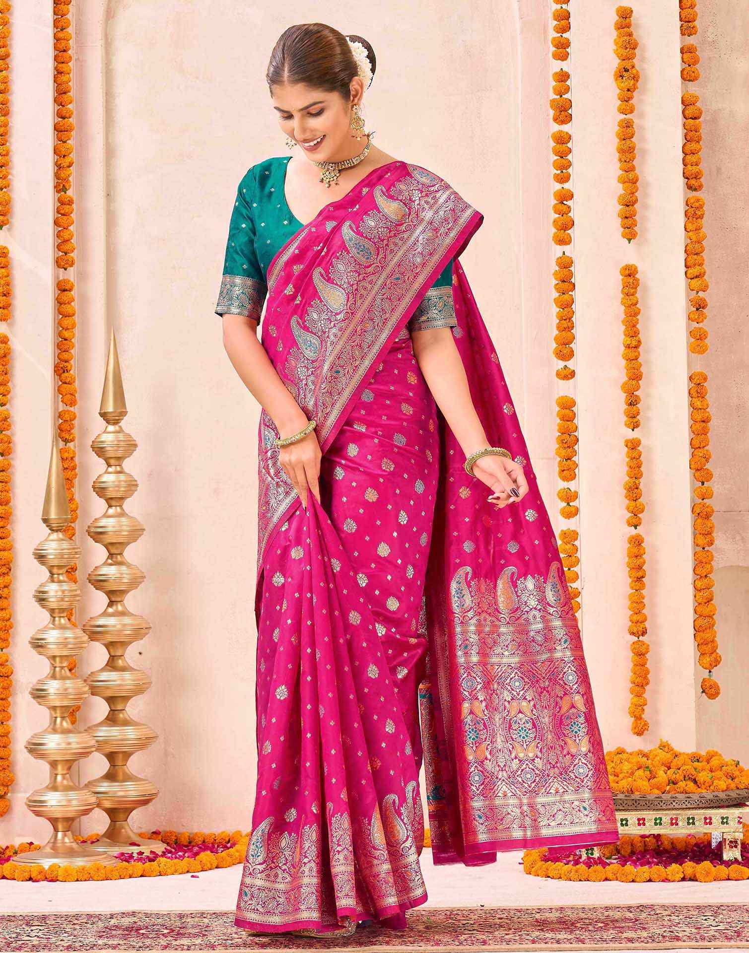 Rani Pink Silk Woven Banarasi Saree