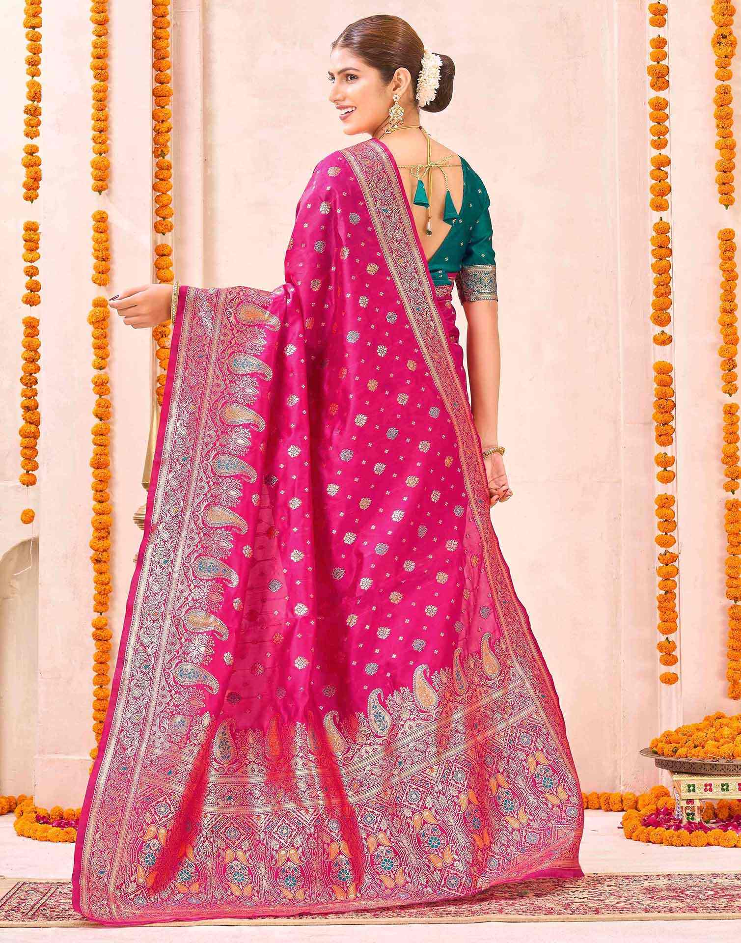 Rani Pink Silk Woven Banarasi Saree