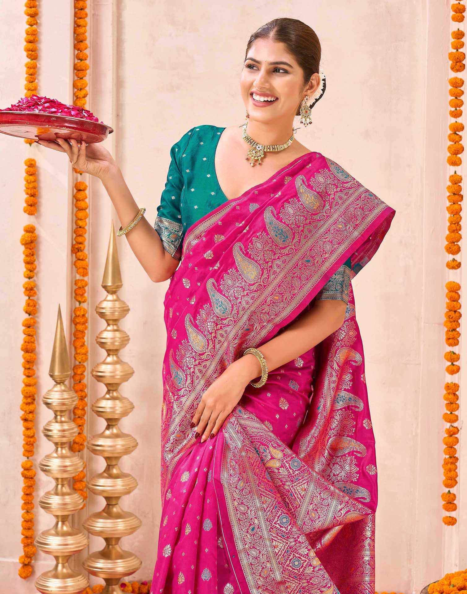 Rani Pink Silk Woven Banarasi Saree