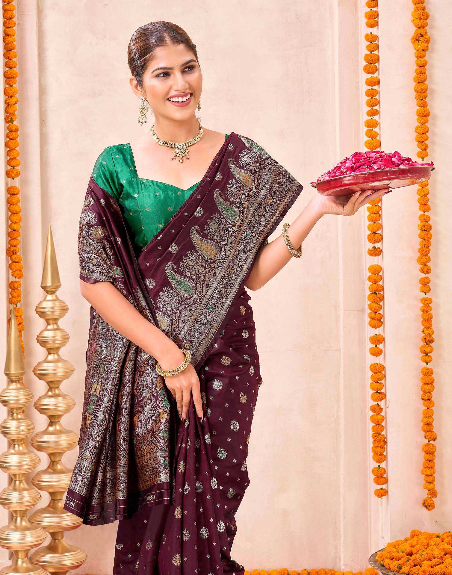 Maroon Silk Woven Banarasi Saree