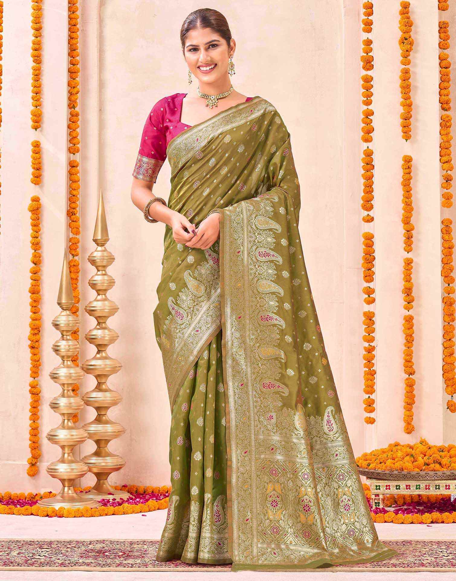 Mehandi Green Silk Woven Banarasi Saree