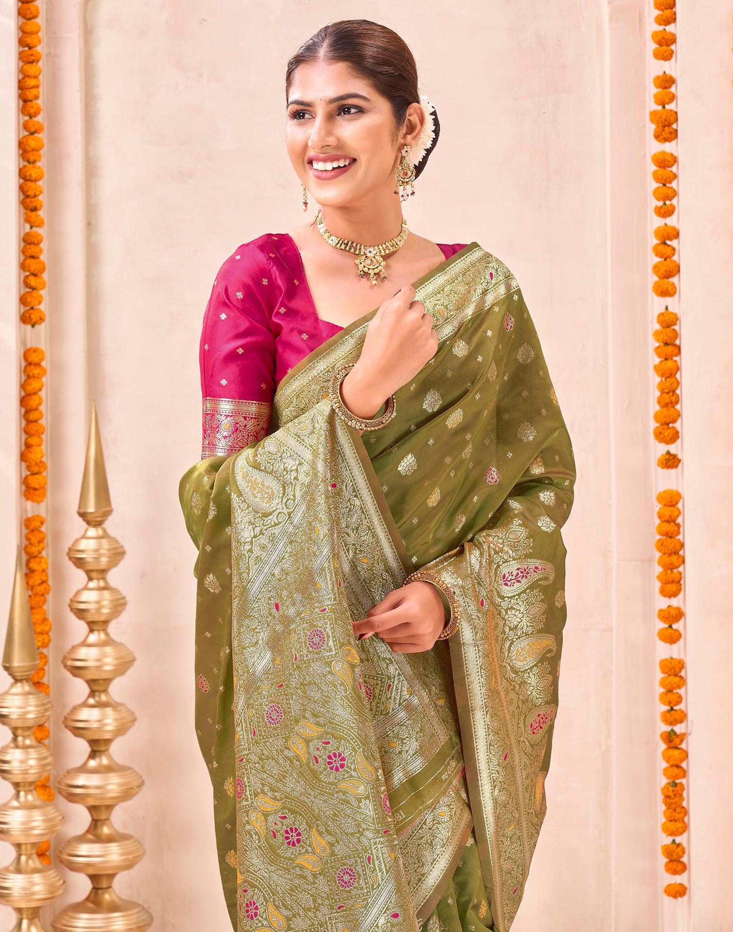 Mehandi Green Silk Woven Banarasi Saree