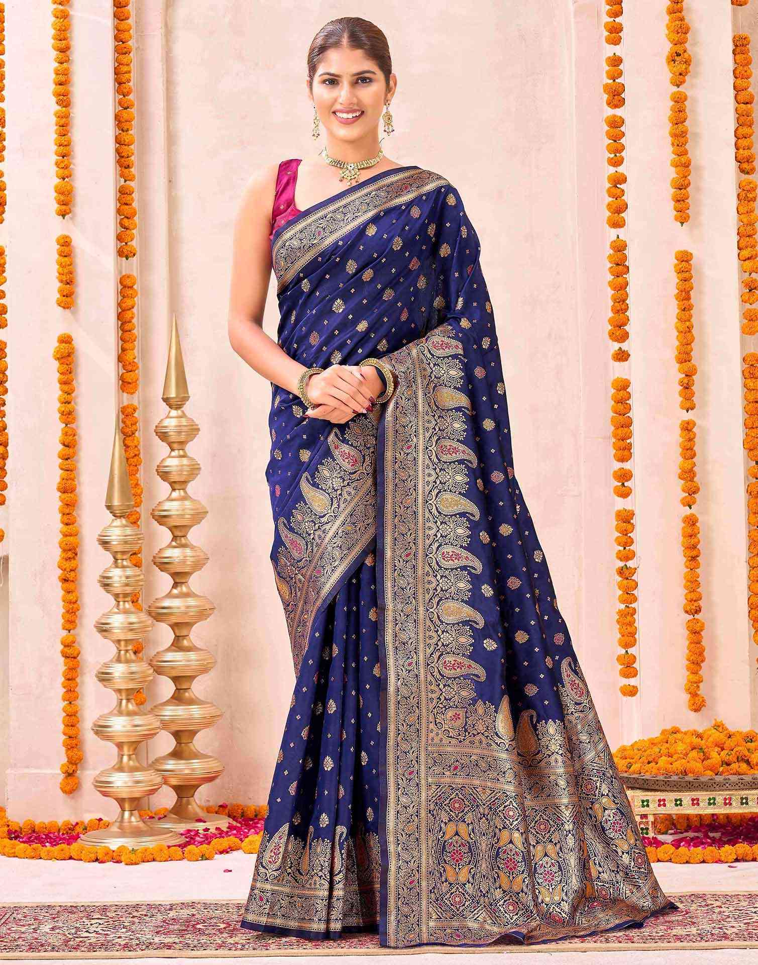 Navy Blue Silk Woven Banarasi Saree