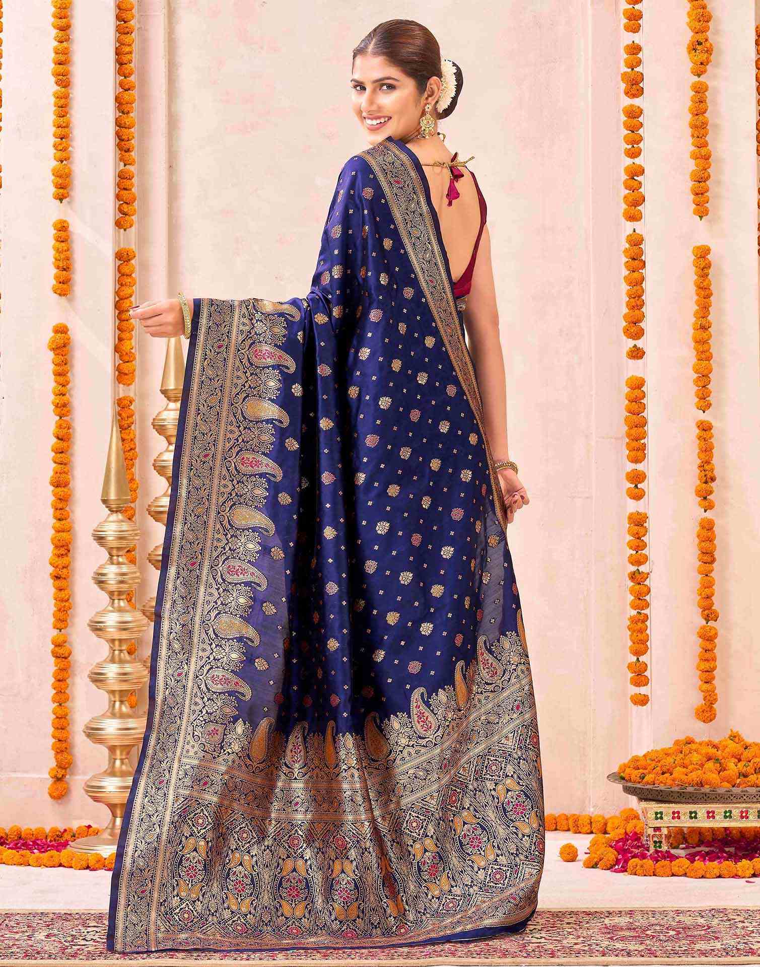 Navy Blue Silk Woven Banarasi Saree