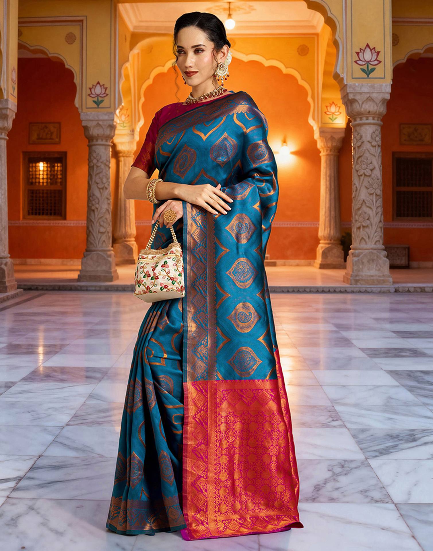 Rama Blue Silk Woven Saree